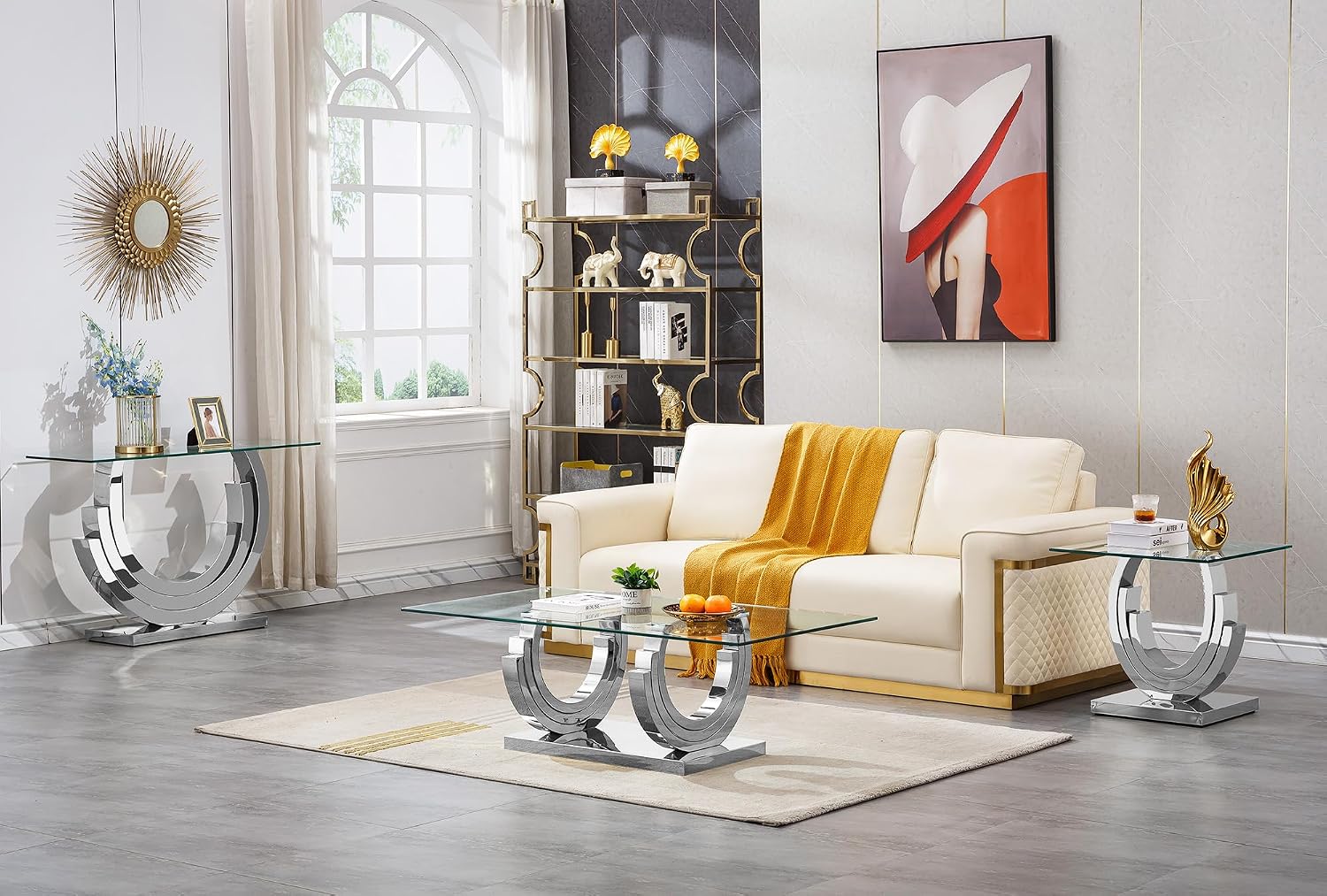 1 Piece Living Room Coffee Table Luxury Glass Center Table, Modern Silver Coffee Table with C-Shape Stainless Steel Pedestal Base