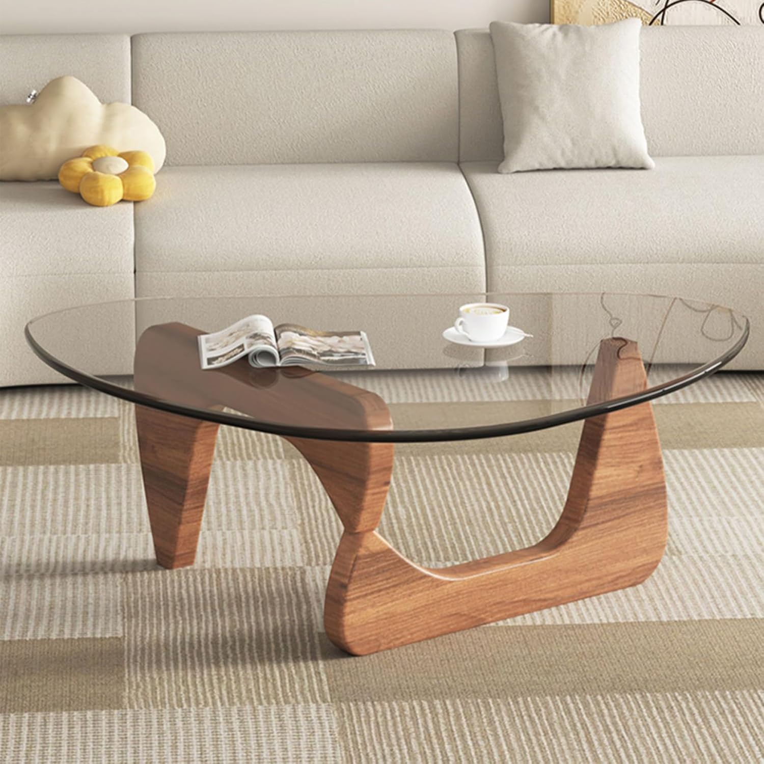 EASYSOUL Modern Glass Coffee Table, 32.68' D x 22.44' W x 15.75' H, Abstract Round Tea Tables for Living Room Home Office Industrial Cocktail Tables (Walnut-Clear Glass, 32.68')