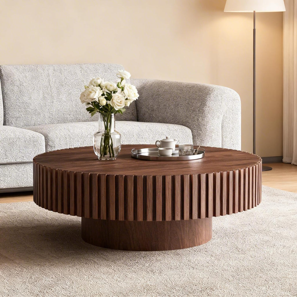 31.5' Round Coffee Table for Living Room, Modern Wooden Coffee Table Circle Center Table with Solid Wood Veneered, Easy Assembly, Walnut