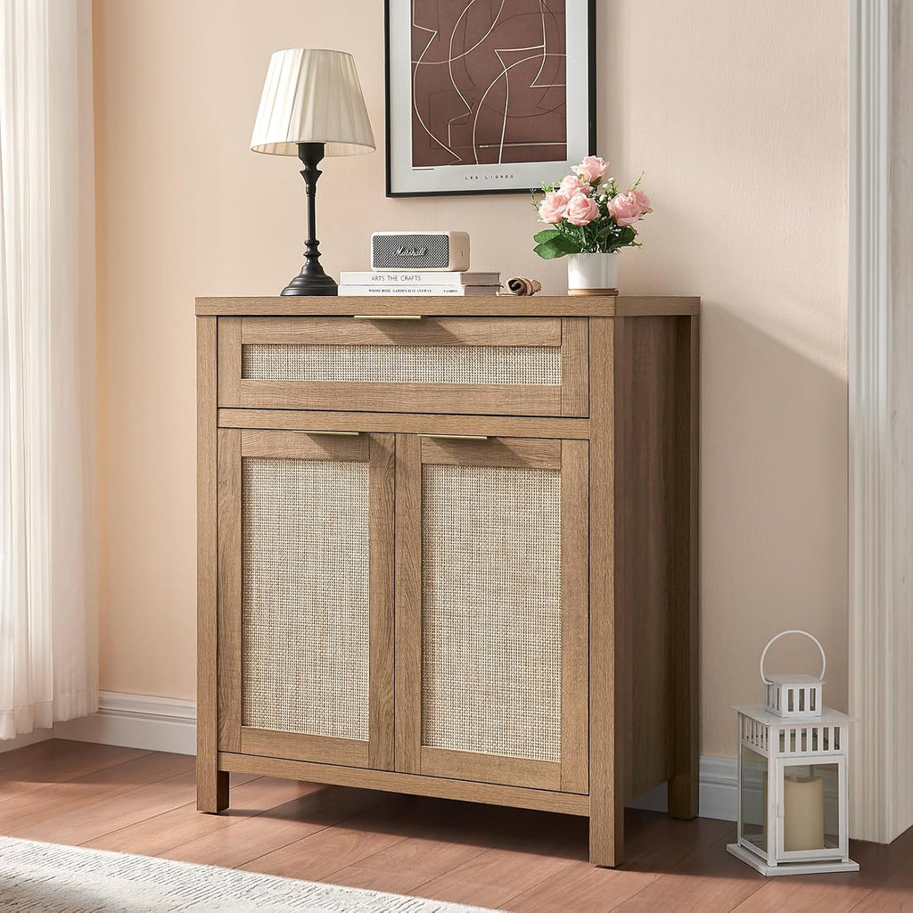 HOKYHOKY Rattan Sideboard Buffet Cabinet Set of 3, Boho Storage Cabinet with Adjustable Shelves, Farmhouse Credenza Coffee Bar Table with Doors & Drawer for Living Room, Hallway & Kitchen