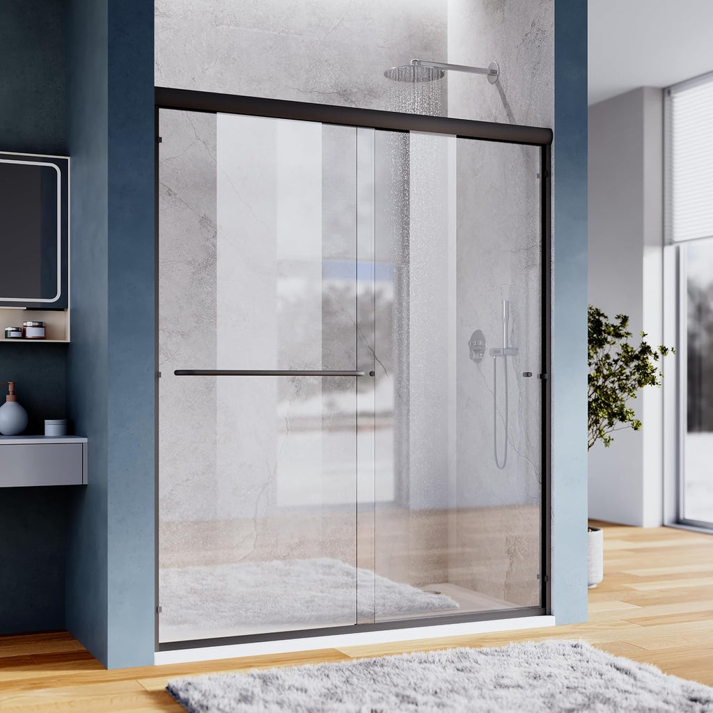 SUNNY SHOWER 54 x 72 Bypass Sliding Shower Door 1/4 Clear Glass Semi-Frameless Shower Door Stainless Steel Hardware Glass Door Black Finish, Black