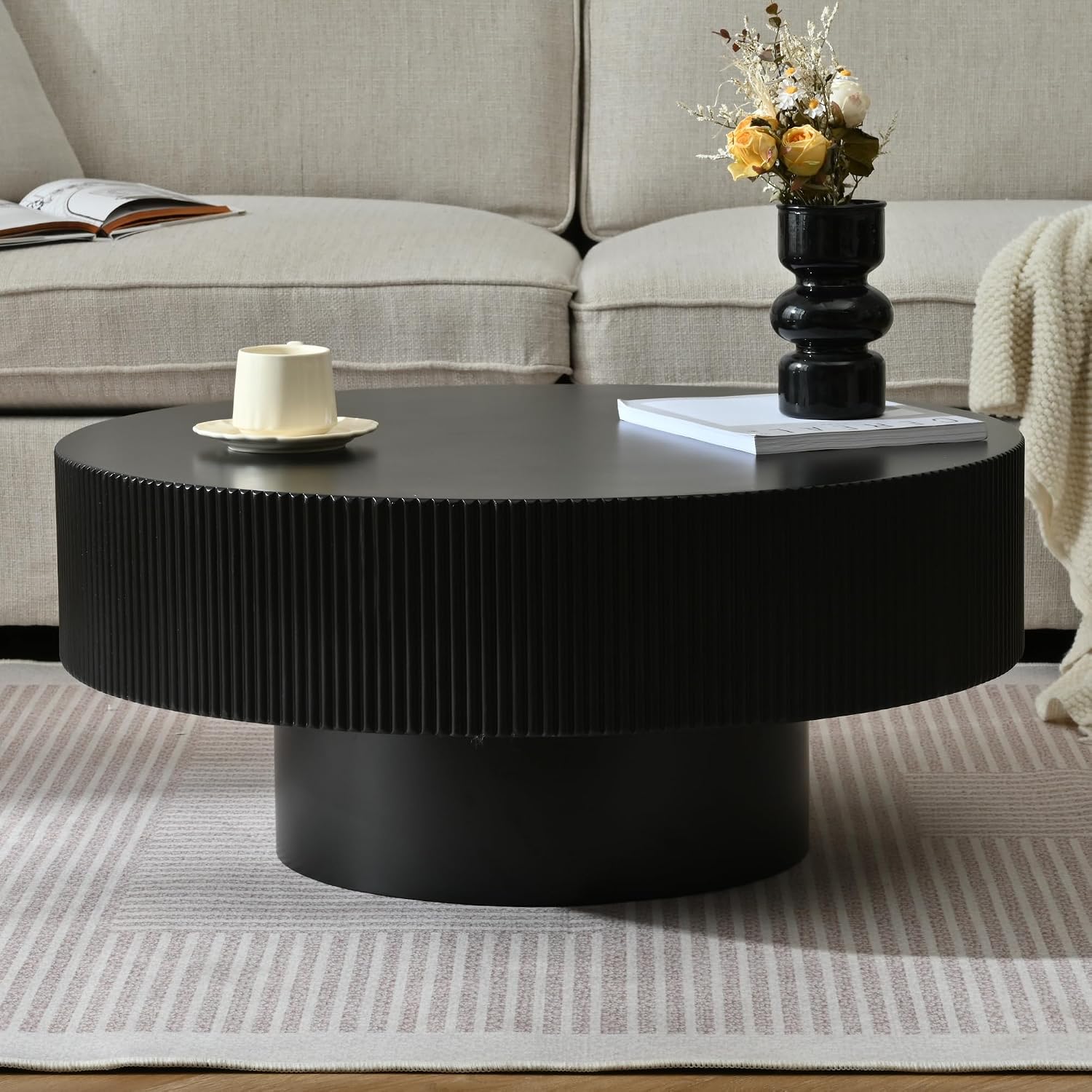 31.5'' Black Round Coffee Table Modern Wood Coffee Table for Living Room, Contemporary Circle Fluted Drum Pedestal Style, Easy Assembly, Black