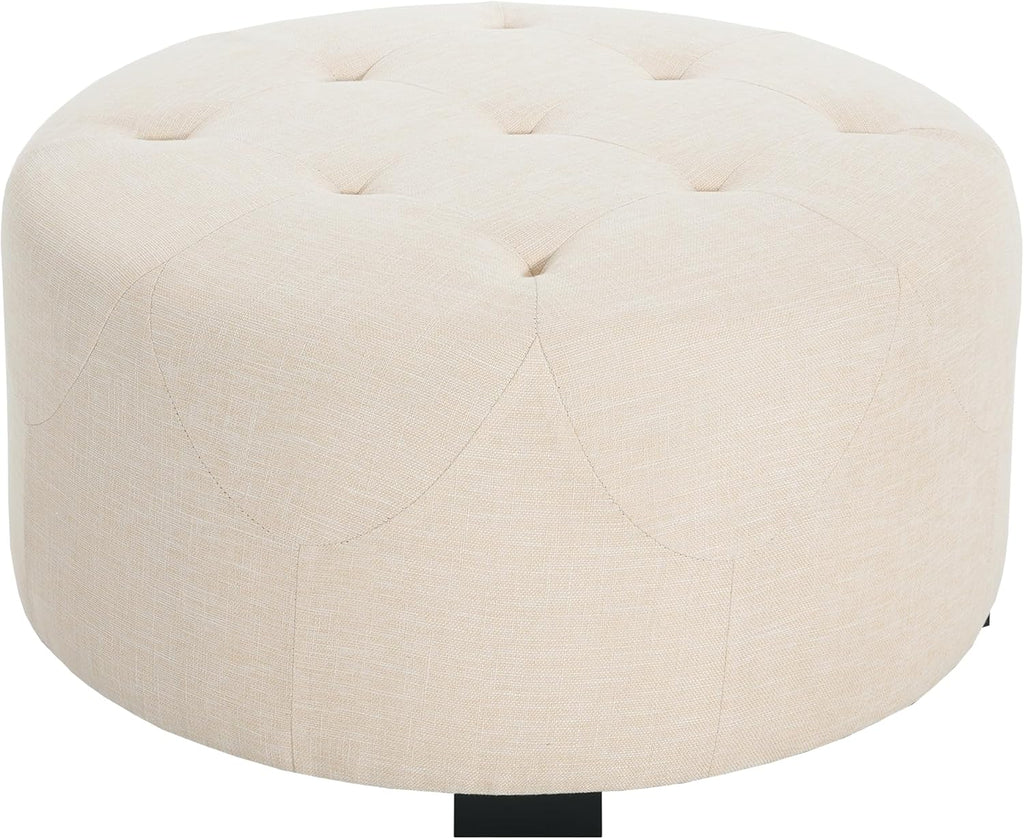 Christopher Knight Home York Linen Fabric Upholstered Ottoman, Wooden Round Ottoman Coffee Table, Modern Living Room Ottoman Foot Stool, Extra Seat Sofa Footrest, Beige