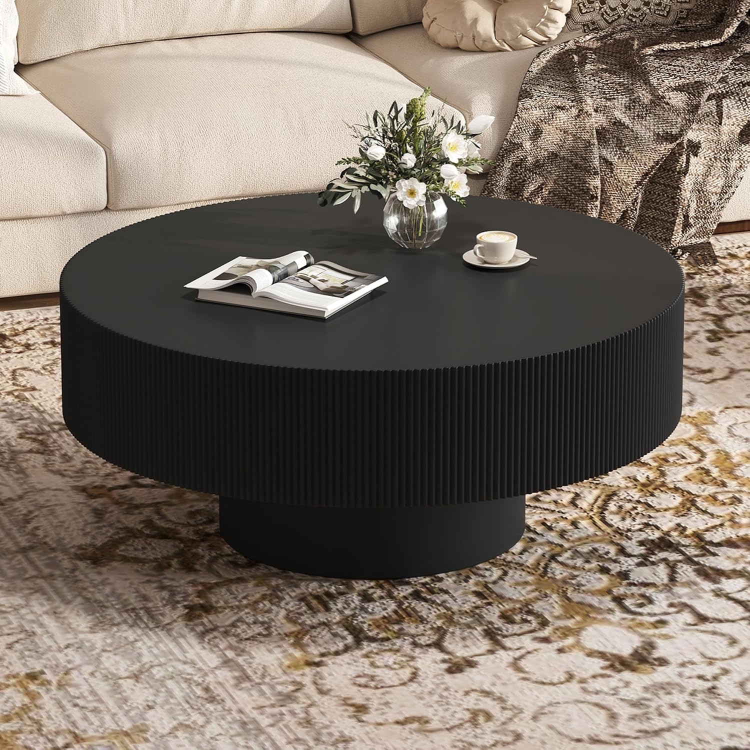 35.4' Wide Round Coffee Table with 6.8' Thick Tabletop, Easy Assembly, Modern Minimalist Wooden Fluted Center Table Black Drum End Table with Sturdy Base for Living Room or Bedroom