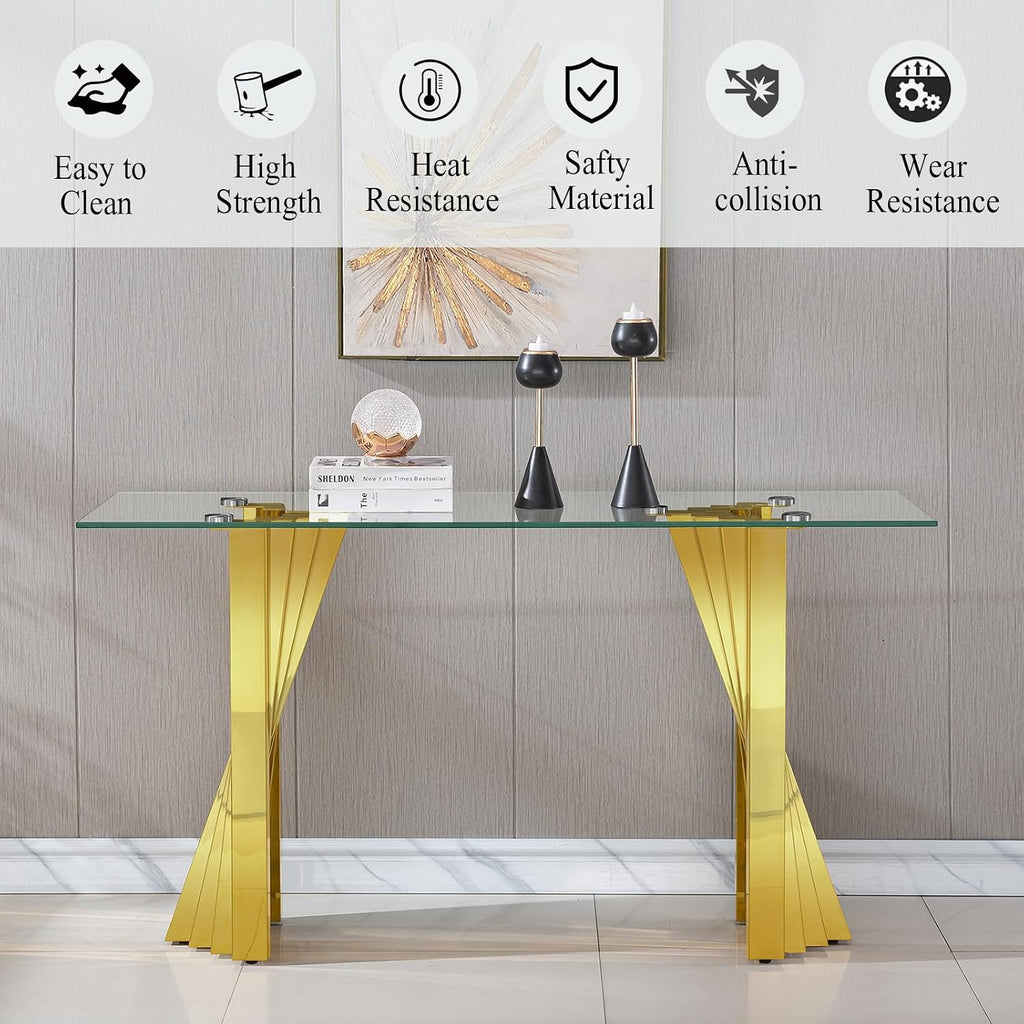2 Pieces Modern Living Room Table Set, Glass Coffee Table & Console Table with Flash-Shaped Stainless Steel Base (Gold)