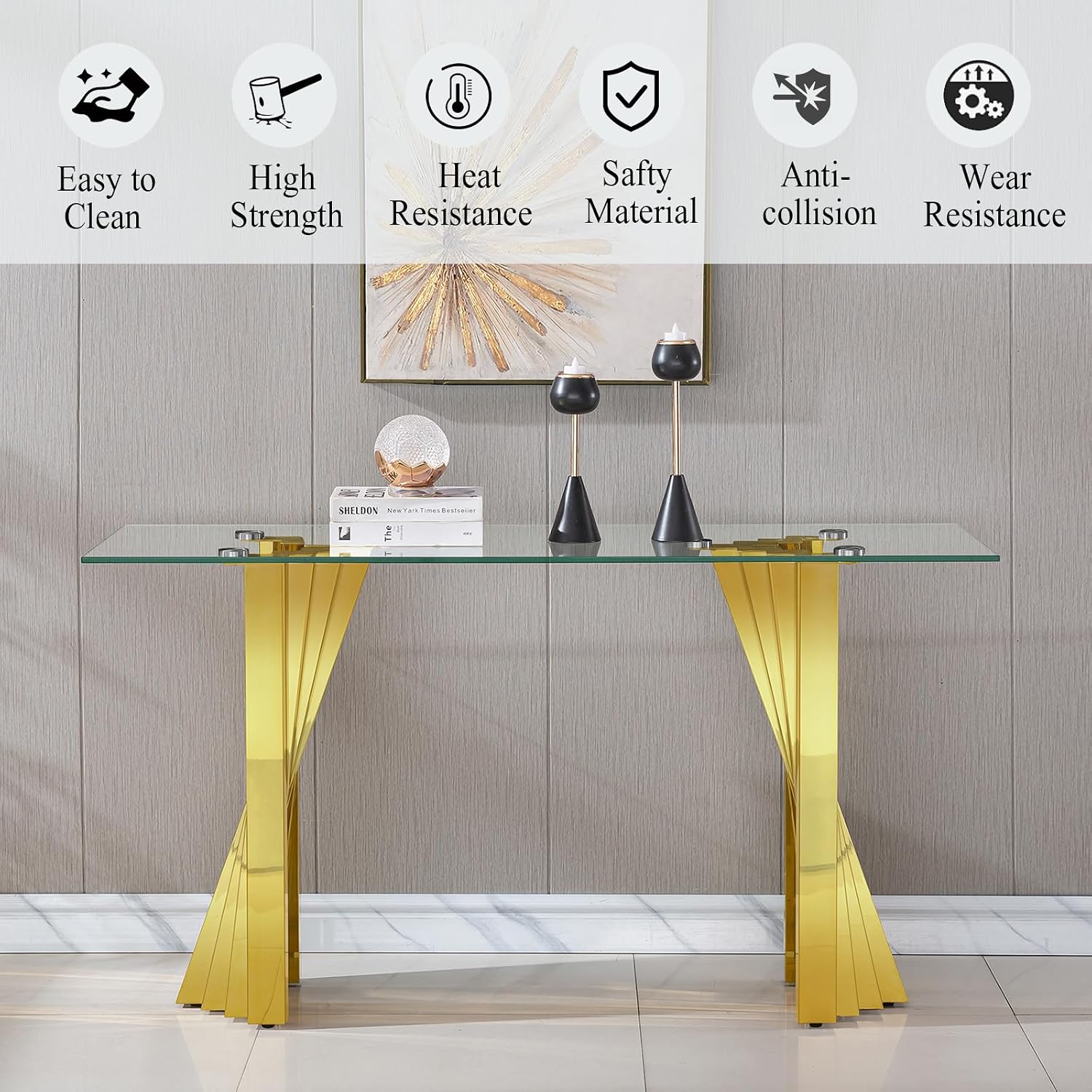2 Pieces Modern Living Room Table Set, Glass Coffee Table & Console Table with Flash-Shaped Stainless Steel Base (Gold)