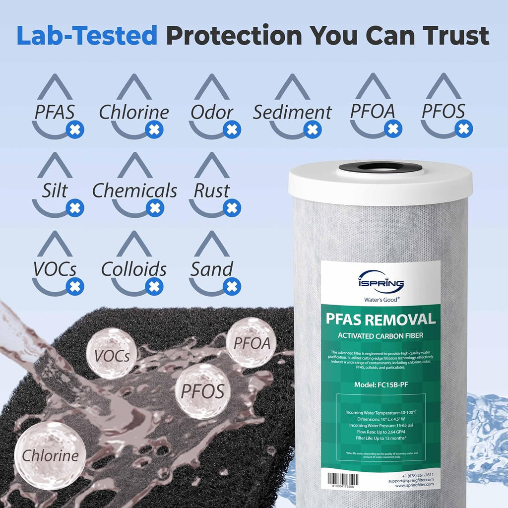 iSpring FC15B-PF 4.5' x 10' Whole House Water Filter, Removes up to 99% PFAS, PFOA/PFOS, Chlorine, VOCs, with SGS Tested Filtration Media