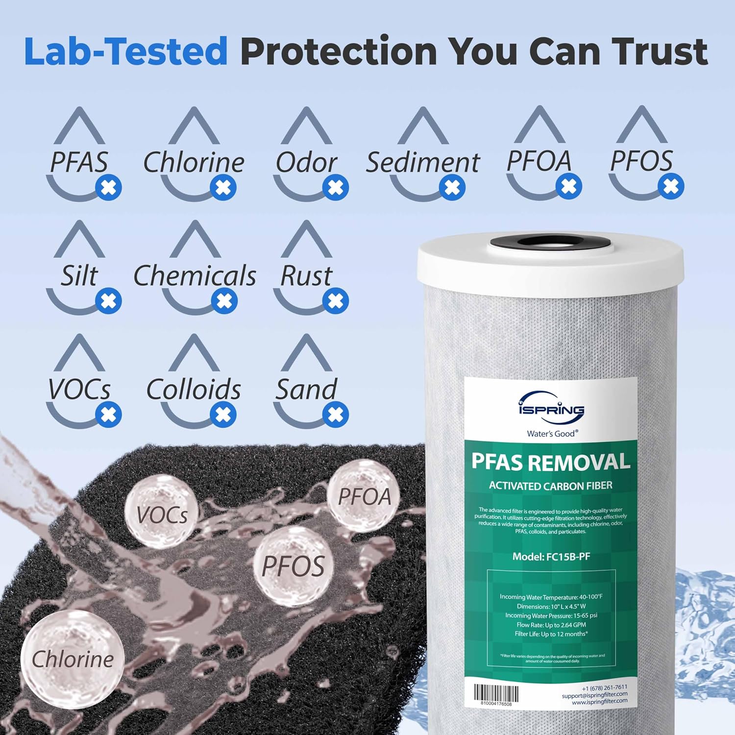 iSpring FC15B-PF 4.5' x 10' Whole House Water Filter, Removes up to 99% PFAS, PFOA/PFOS, Chlorine, VOCs, with SGS Tested Filtration Media