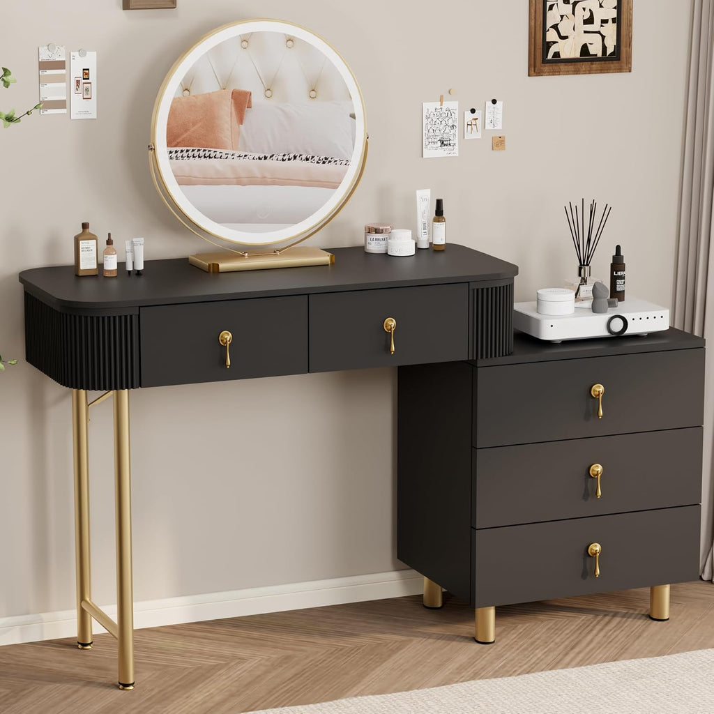 Royal Windsor Makeup Vanity Desk with Mirror and Lights, Black | The Side Cabinets can be Interchanged from Lleft to Right, 3 Color Touch Screen LED Mirror , 5 Drawers
