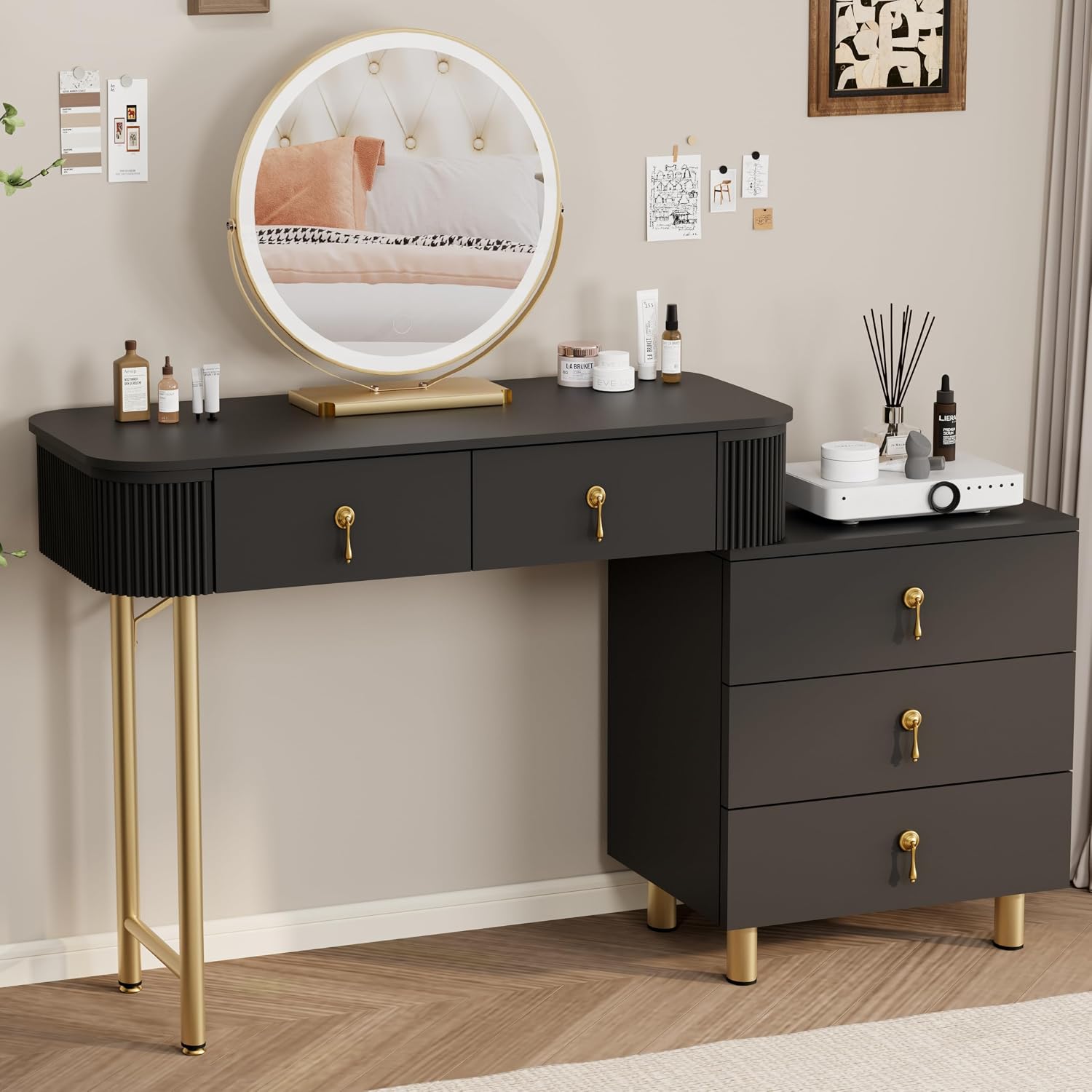Royal Windsor Makeup Vanity Desk with Mirror and Lights, Black | The Side Cabinets can be Interchanged from Lleft to Right, 3 Color Touch Screen LED Mirror , 5 Drawers