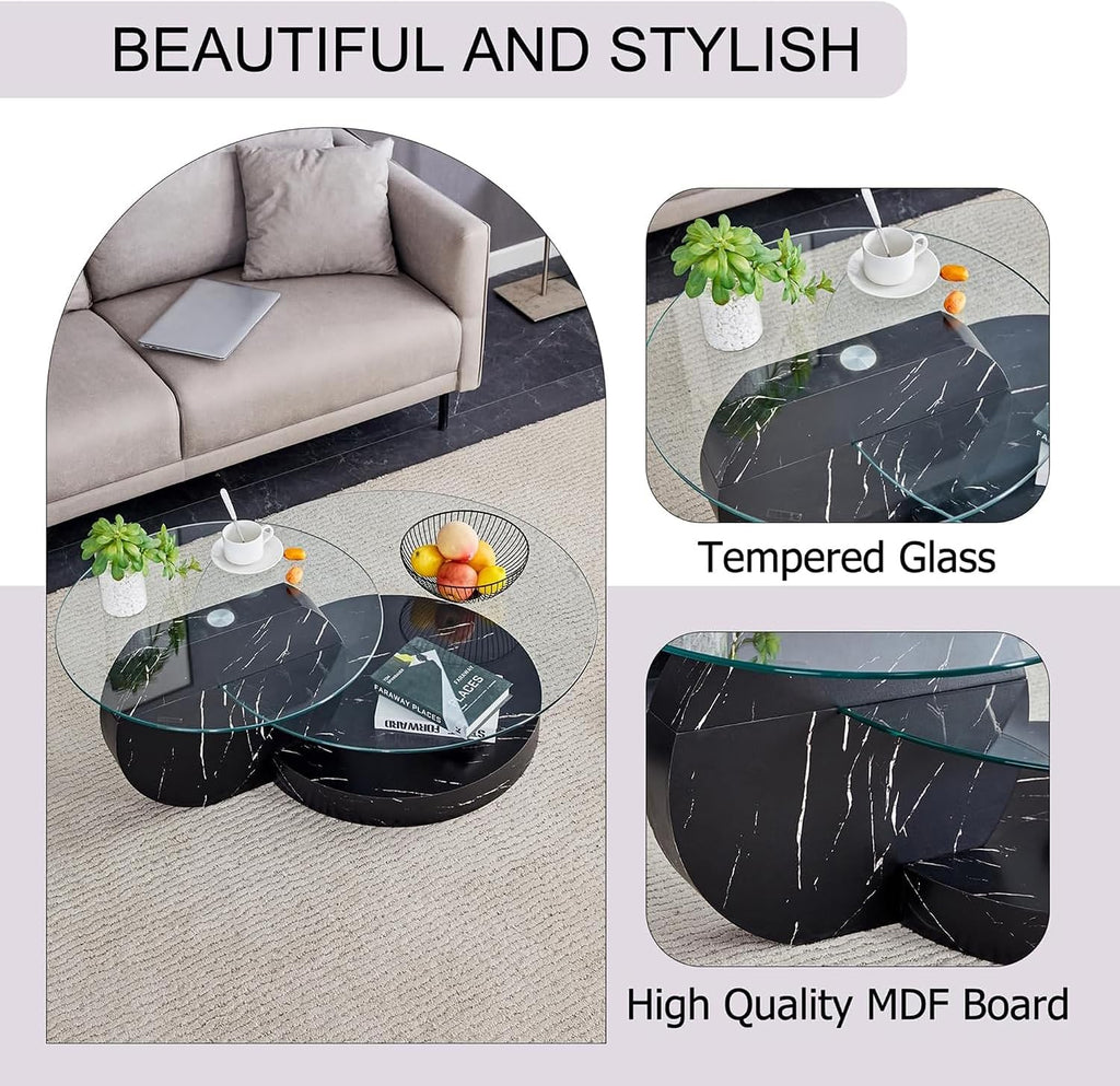 Glass Coffee Table, Modern Round Clear Coffee Tables for Living Room, 3-Tier Circle Tempered Coffee Table with Storage Wooden Side Table for Home Bedroom Balcony Yard (Black, Small)