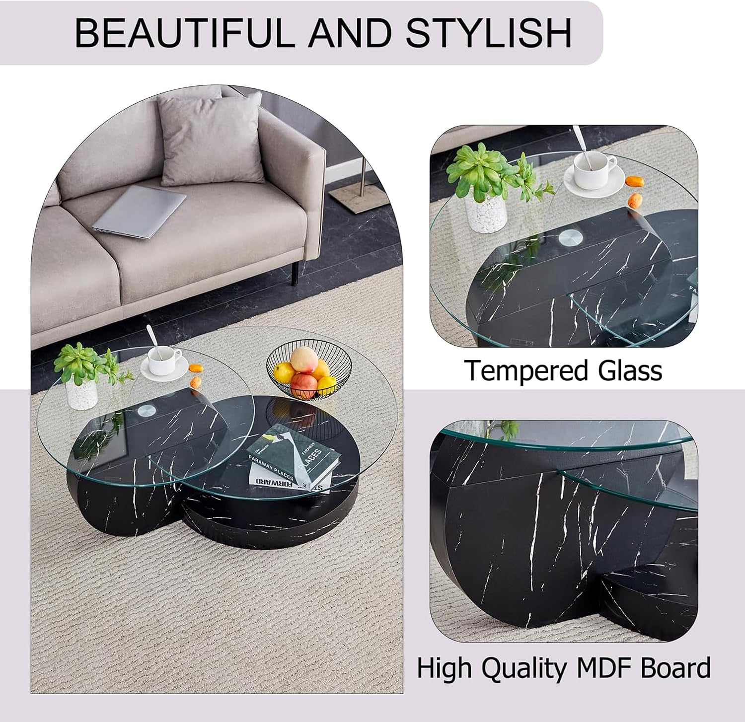 Glass Coffee Table, Modern Round Clear Coffee Tables for Living Room, 3-Tier Circle Tempered Coffee Table with Storage Wooden Side Table for Home Bedroom Balcony Yard (Black, Small)