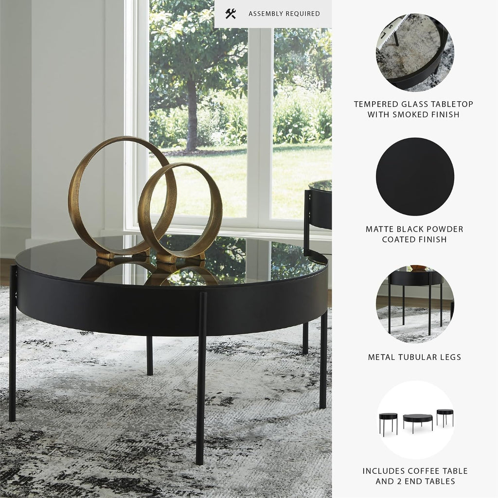 Signature Design by Ashley Ardoline Modern Tempered Glass Tabletop Table Set with 4 Legs, Set of 3, Black