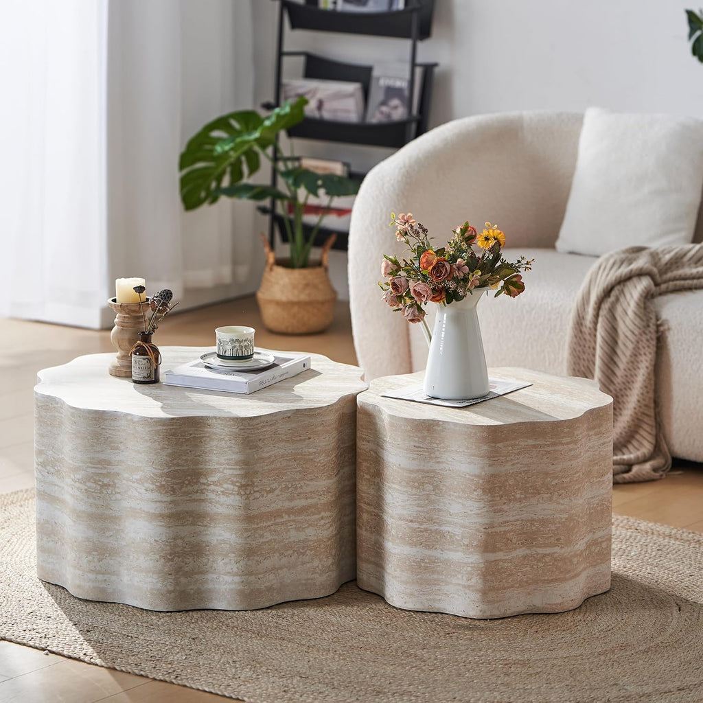 23.6''+26.7'' Set of 2 Faux Mars Pattern Round Coffee Tables, Modern Mini Side Tables Accent End Table for Apartment, Office, Living Room, (Beige Brown)