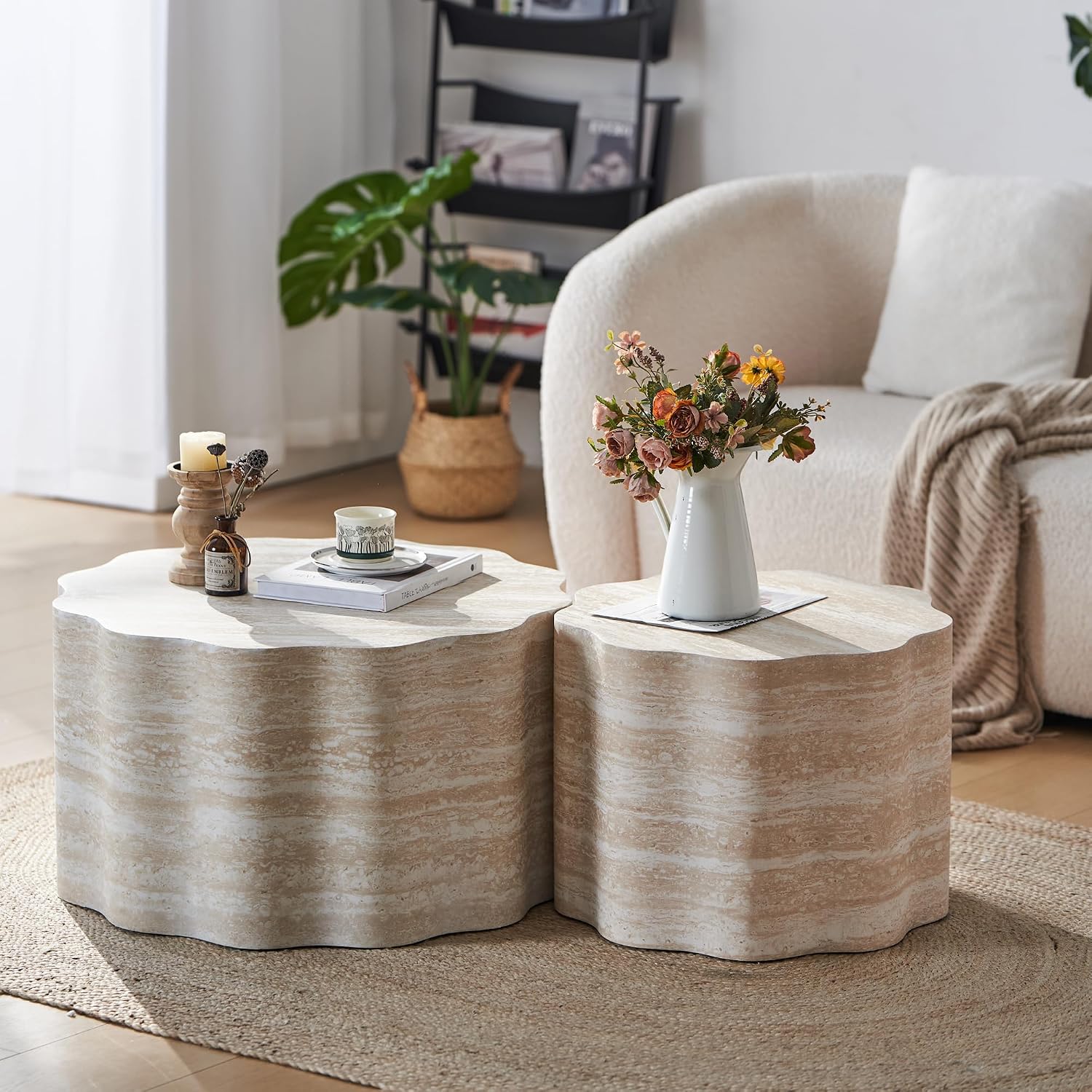 23.6''+26.7'' Set of 2 Faux Mars Pattern Round Coffee Tables, Modern Mini Side Tables Accent End Table for Apartment, Office, Living Room, (Beige Brown)
