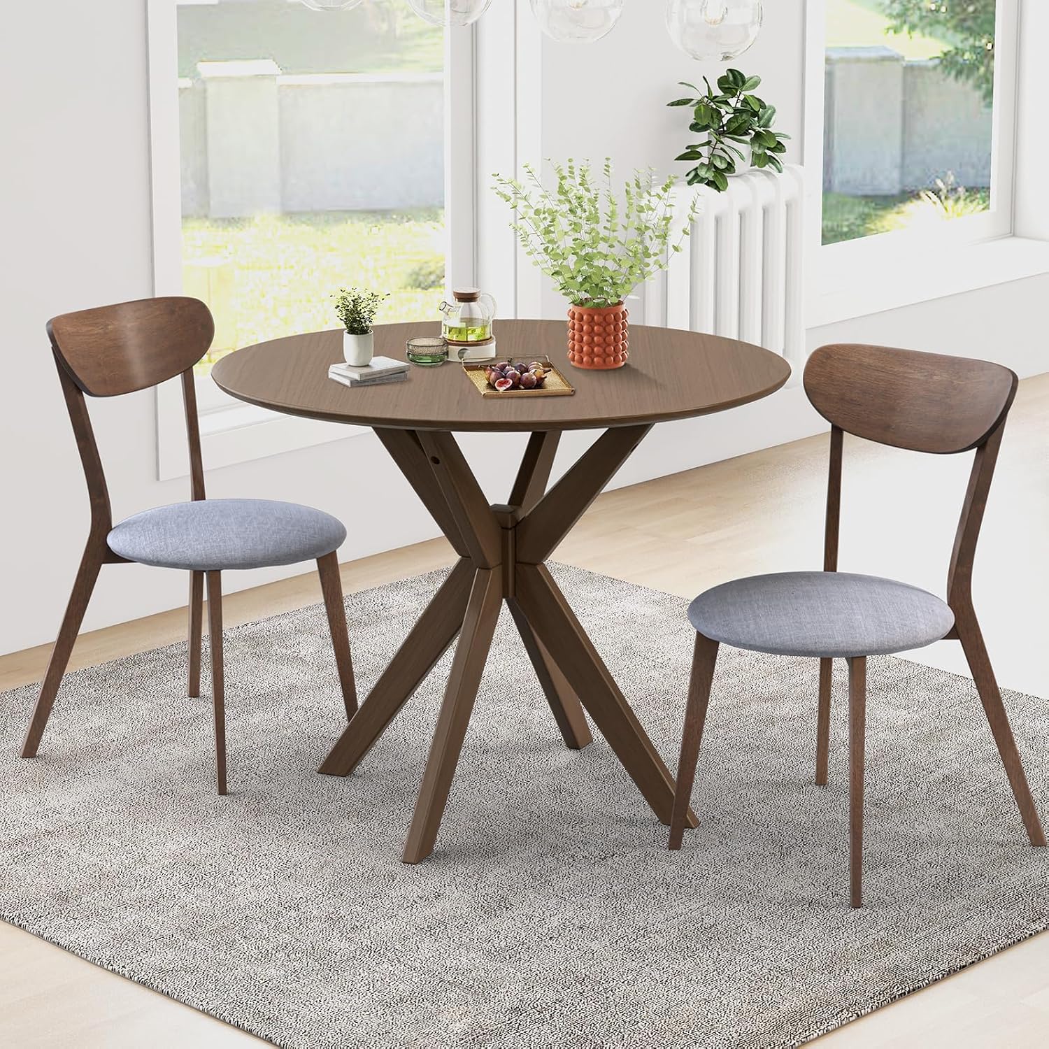 Tangkula Mid-Century Modern Round Dining Table Set for 2, Wooden Kitchen Table & 2 Chairs with Cushioned Seats, Compact 3-Piece Dining Set for Small Spaces, Kitchen, Living Room