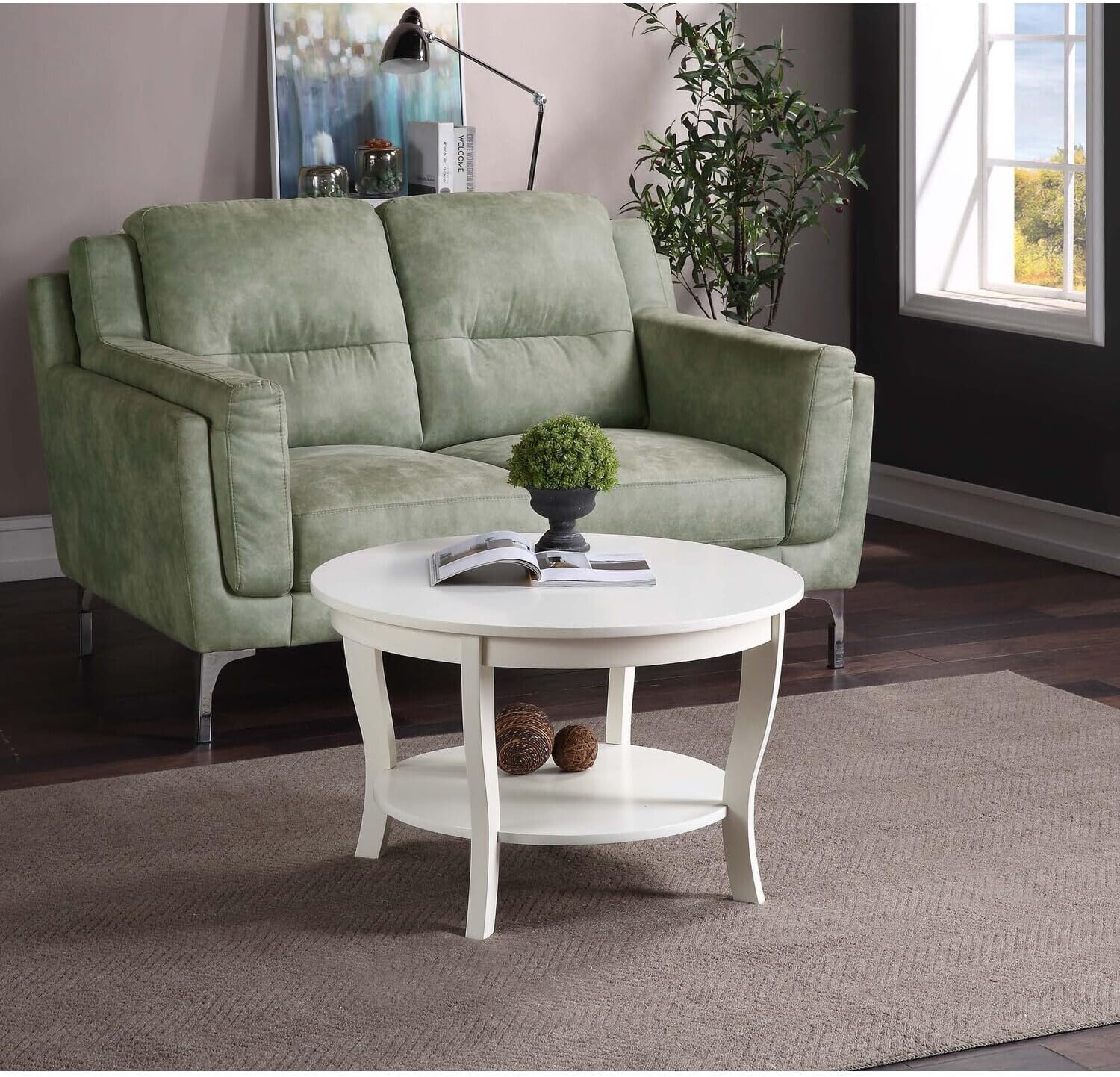 HomeStock Global Greatness Round Coffee Table with Shelf, Wood Finish, Classic Transitional Style Table, Two Tier Spacious Shelving, 30.00 x 30.00 x 18.00 Inch White