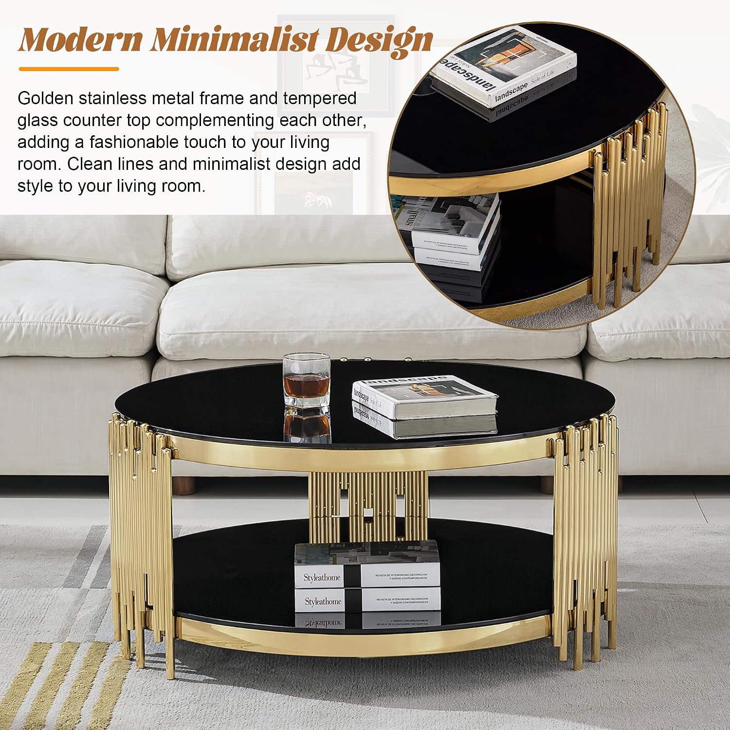 Round Glass Coffee Table Set of 3, Gold Living Room Table Set with Coffee Table and 2 End Table, 2-Tier Glass Table with Stainless Steel Legs and Black Tempered Glass for Living Room
