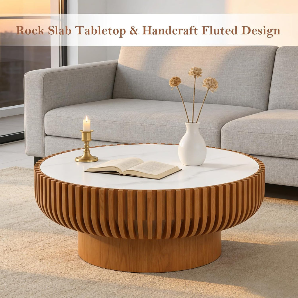 31.5' Round Fluted Coffee Table Unique Contemporary Wood Low Circle Drum Tea Tables with Spacious Rock Slab Tabletop & Sturdy Pedestal for Small Space (K 31.5in)