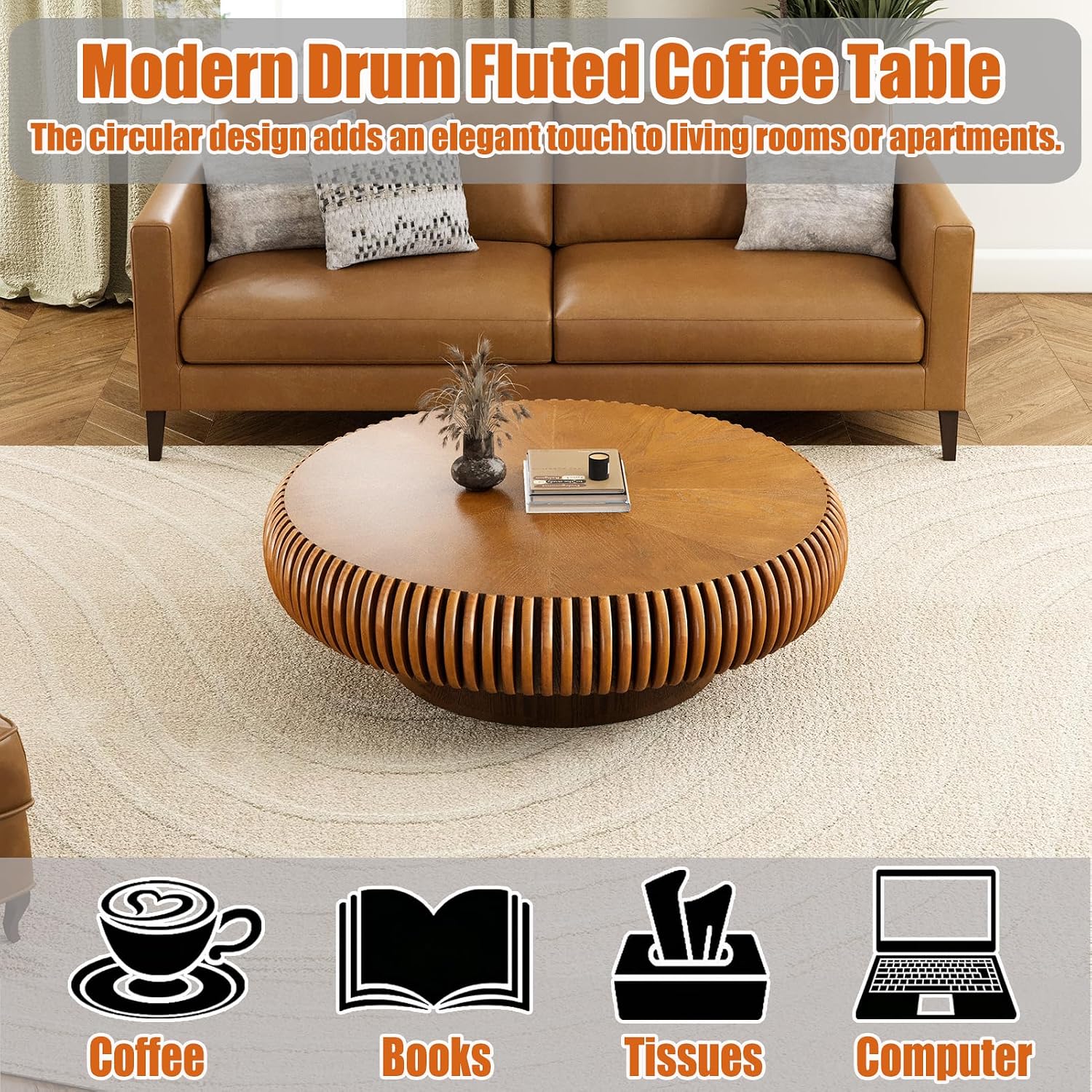 39.37' Round Drum Coffee Table, Modern Fluted Coffee Tables with Solid Wood Veneer, Wooden Circle Center Table for Living Room, Small Spaces, and Apartments, Easy Assembly