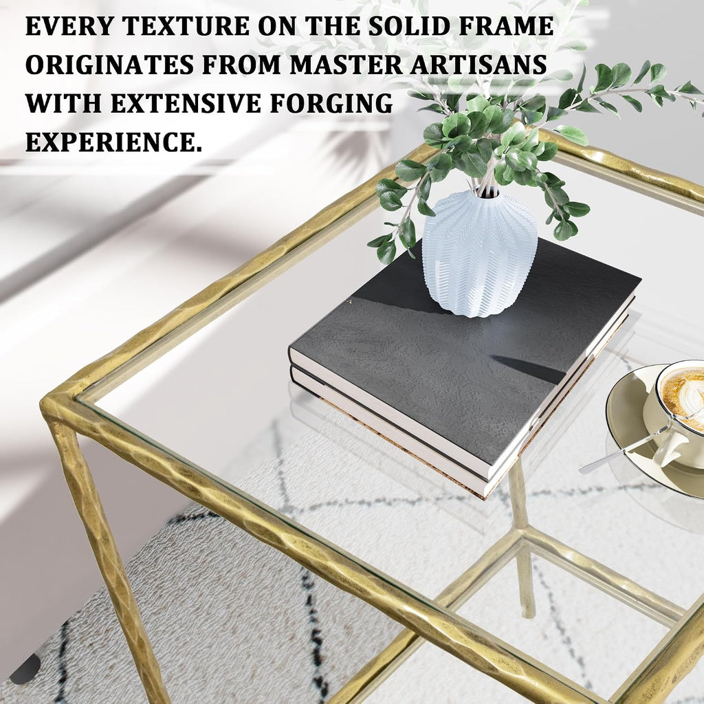BEGINS Hand Forged Side Table 2 Tier, Vintage End Table Glass Top Coffee Table, Accent Table with Solid Hammered Frame, Suitable for Living Room, Bedroom, Study Room, Entryway (Gold, Square)