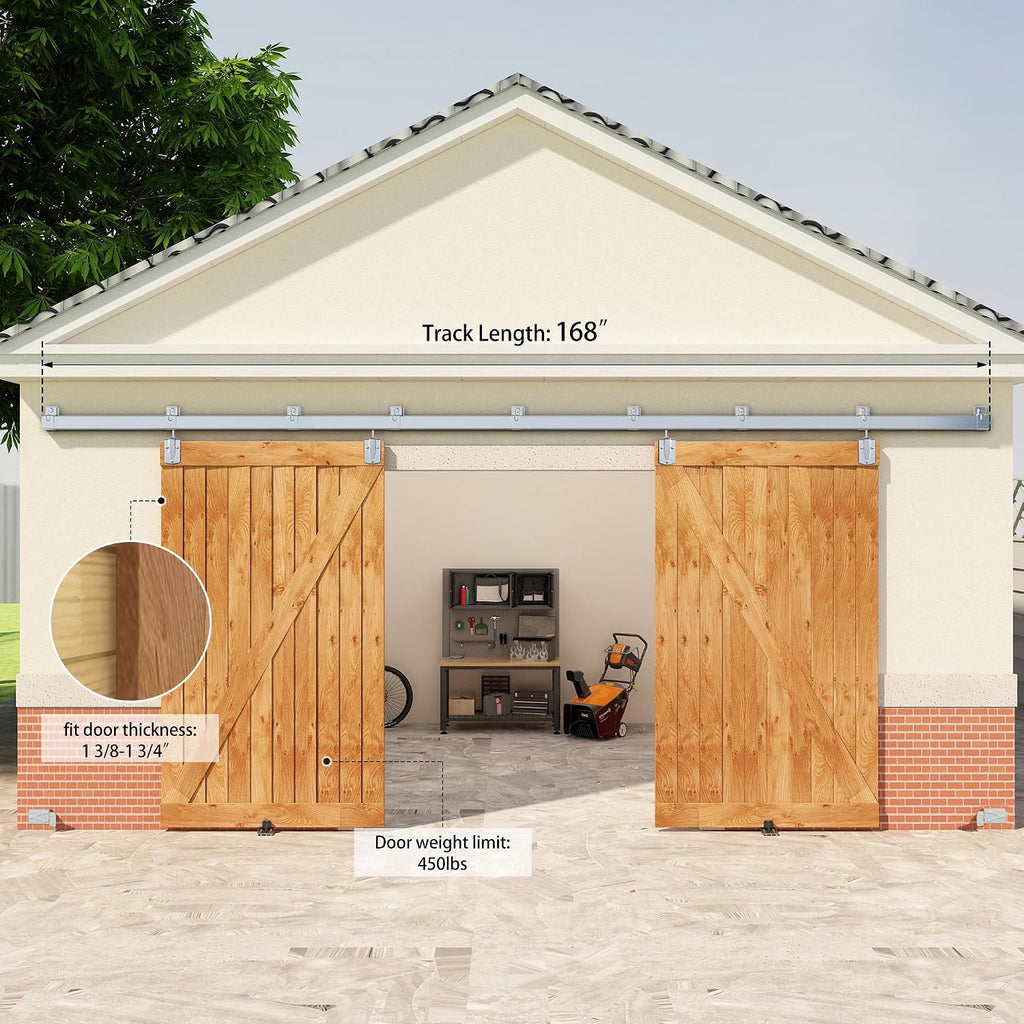 14FT Box Rail Exterior Barn Door Hardware Kit for 2 Doors, Sliding Heavy Duty Barn Door Track, Wall Mount Barn Door Hardware with 9 Track Brackets,Silver(Doors NOT Include)