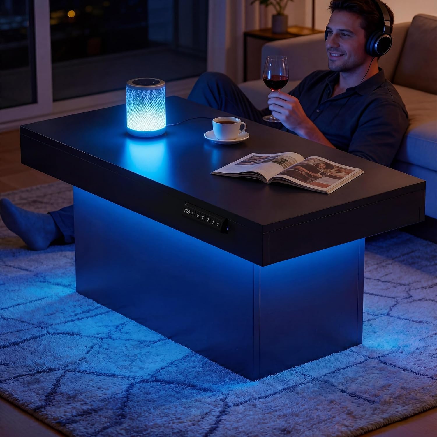 Homkdom 39.4' Electric Lift Top Coffee Table, Adjustable Height Table with Storage & LED Light, Coffee Tables for Living Room, Dining, Work and Gaming, Black