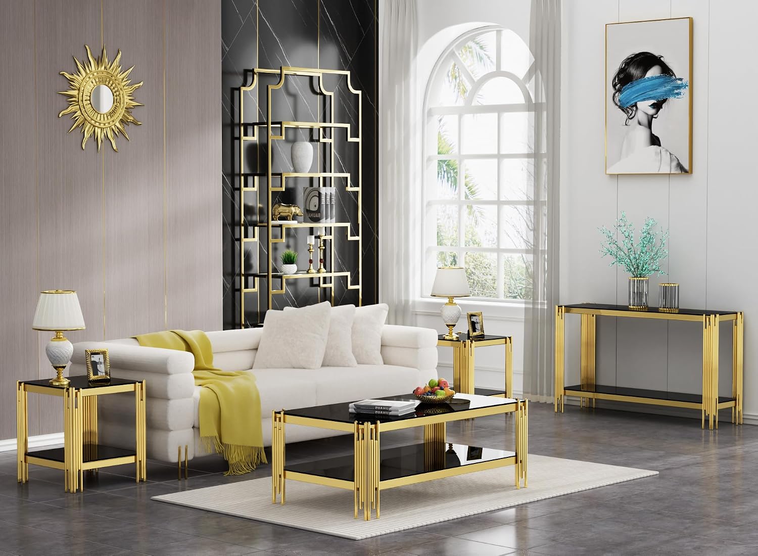 Gold Coffee Table Set of 4 Luxury 2-Tier Glass Coffee Table Console Table & 2 End Table w/Mirrored Stainless Steel Frame Modern 4 Pieces Living Room Table Set for Home Office
