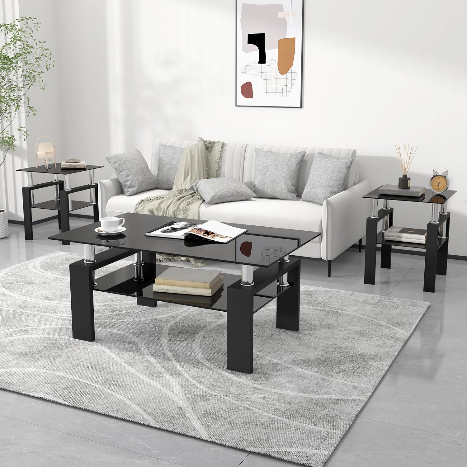 Glass Coffee Table Set of 3, 3-Piece Living Room Tables with Tempered Glass and Metal Frame, Coffee and End Table Sets, Black