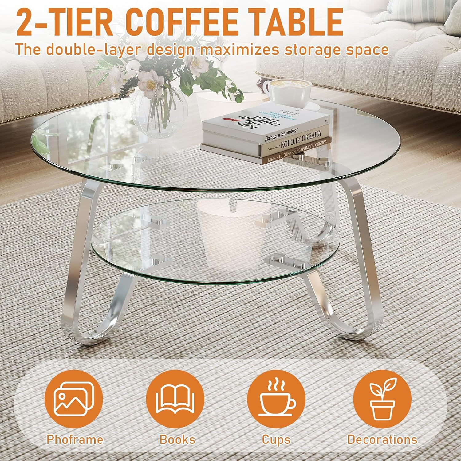 Rovibek Round Glass Coffee Table, 31.5 Modern Round Glass Coffee Tables with Storage and Metal Frame, 2-Tier Tempered Glass Top Small Center Table for Living Room, Easy Assembly, Sliver