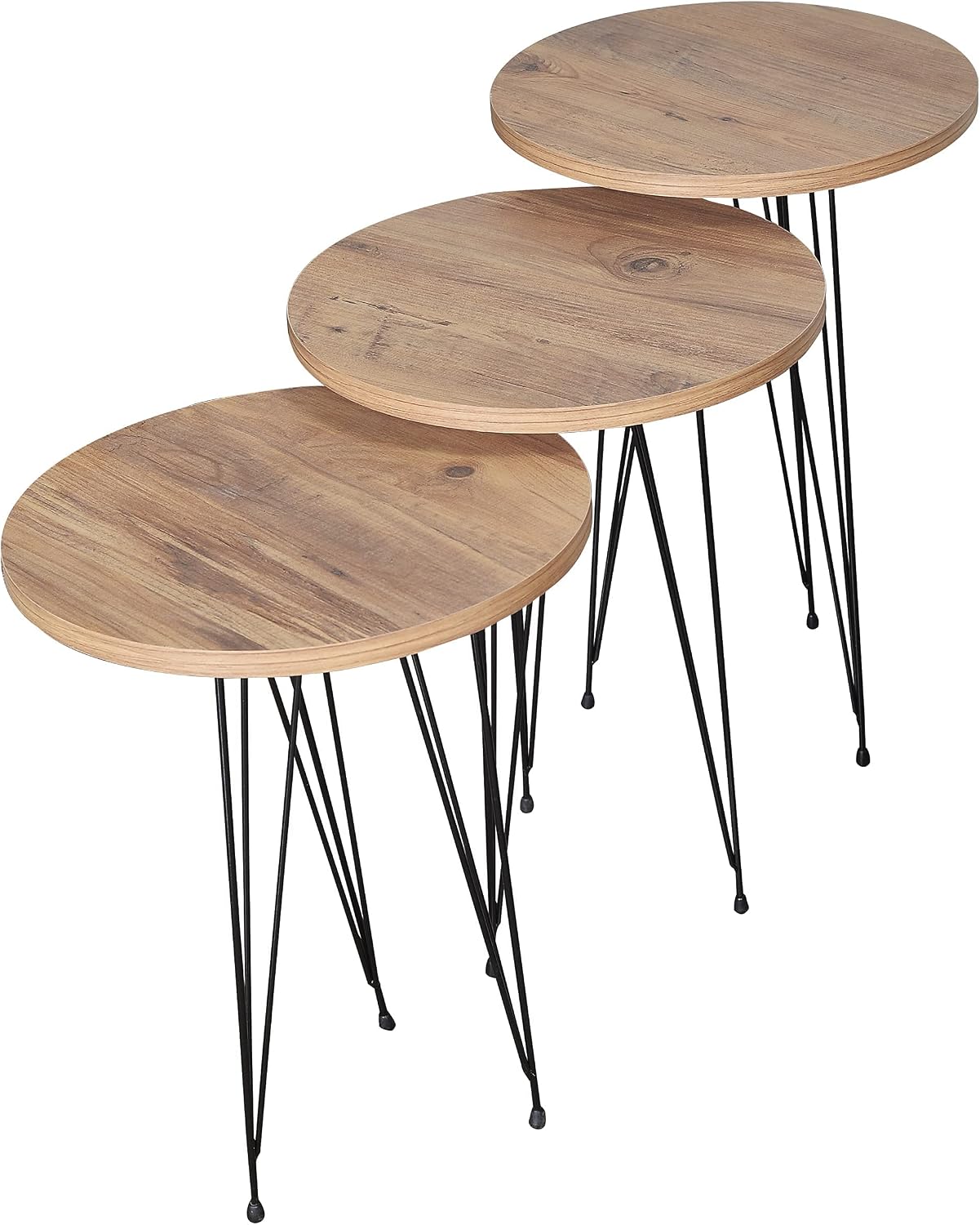 Set of 3 Pine Wood Nesting End Tables Round Wood Stacking Coffee Side Accent Table with Metal Legs for Living Room, Home Office, Nightstands for Bedroom