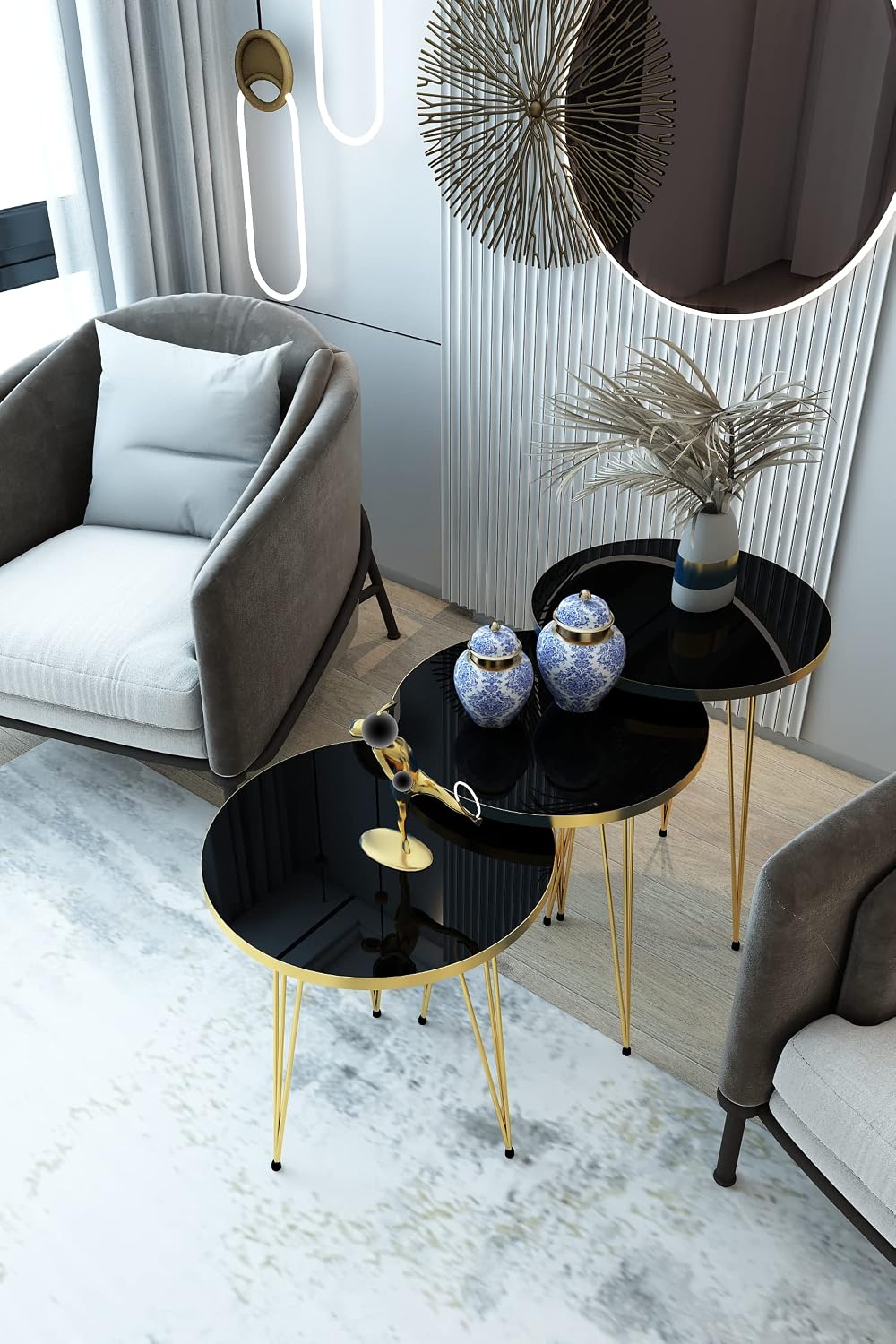 Set of 3 High Gloss Black Gold Legs Nesting End Tables Round Wood Stacking Coffee Side Accent Table with Metal Legs for Living Room, Home Office, Nightstands for Bedroom