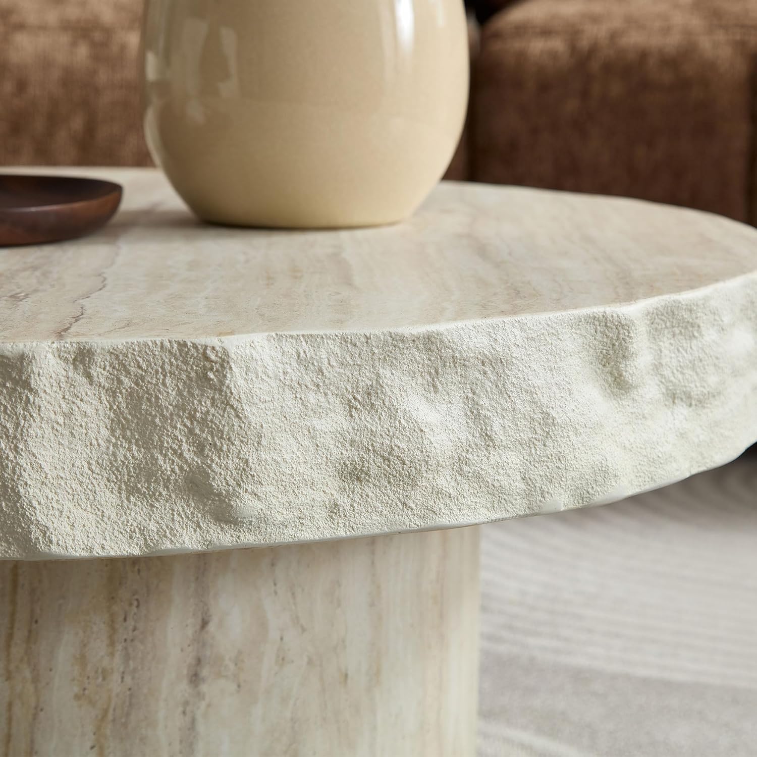 Round Coffee Table for Living Room Small Modern Faux Marble Center Circle Side Drum Accent Farmhouse Coffee Tables Mid Century for Apartment Bedroom Office Balcony (31.7' x 13') Beige