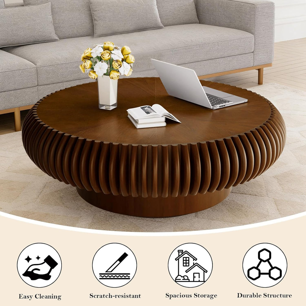 39.37' Round Fluted Coffee Table Unique Contemporary Wood Low Circle Drum Tea Tables with Sturdy Pedestal for Small Space (I Walnut 39.37in)