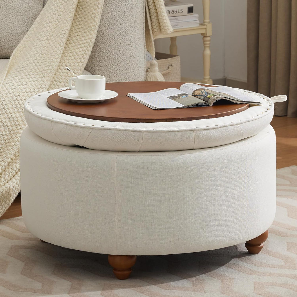 WUTUTUEE 30Inch Round Storage Ottoman with Tray, Modern Tufted Fabric Circle Coffee Table with Storage, Upholstered Ottoman with Removable Top for Living Room, Bedroom, Beige