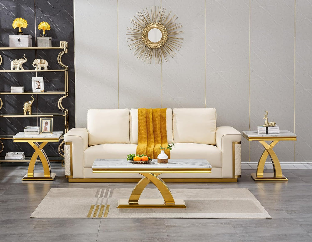 Modern Marble End Table,22' Suqare Side Table with Gold X-Shape Stainless Steel Base,Luxury White Faux Marble End Table Nightstand Pedestal Stand Lamp Table for Hallway, Living Room, Bedroom