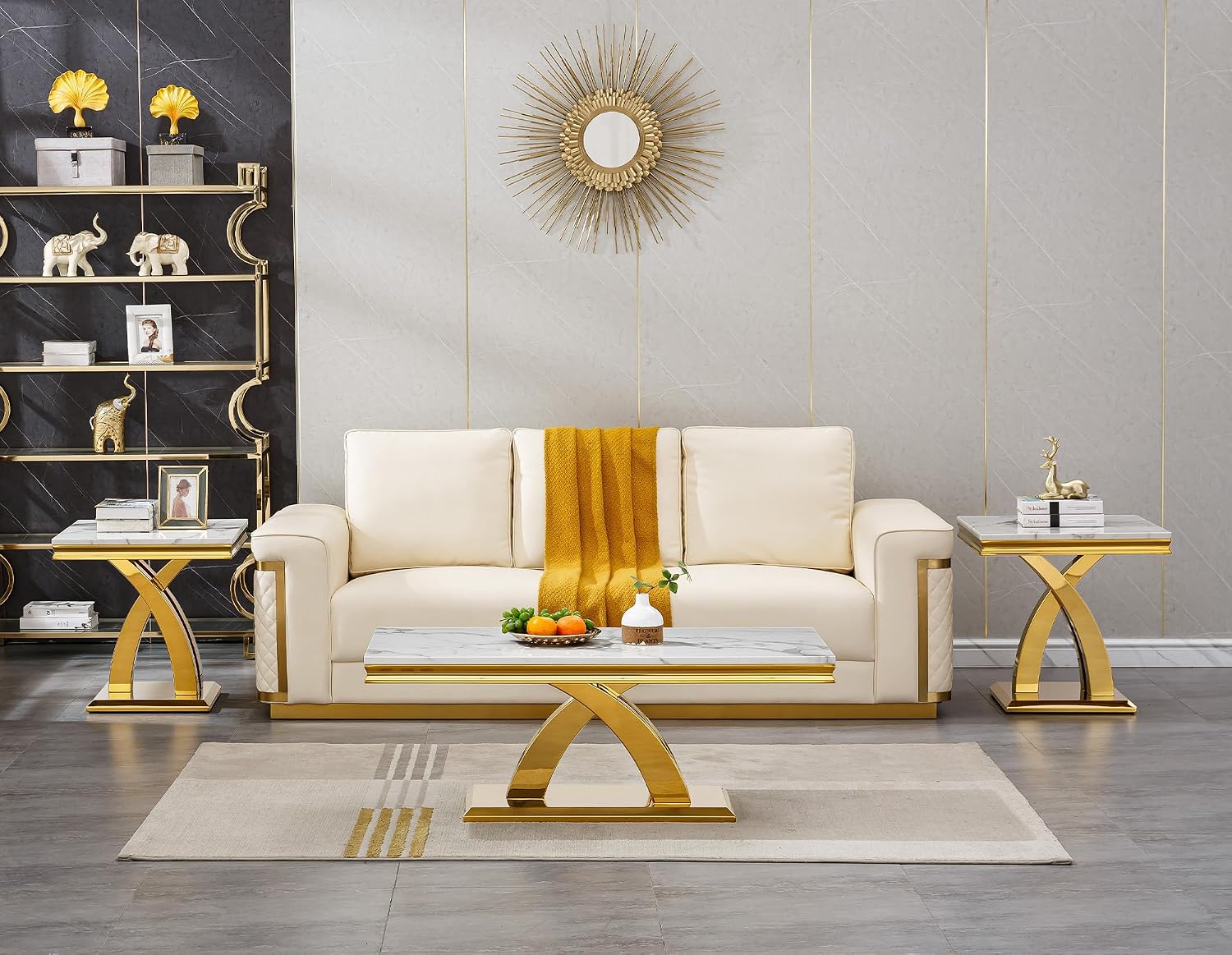 Modern Marble End Table,22' Suqare Side Table with Gold X-Shape Stainless Steel Base,Luxury White Faux Marble End Table Nightstand Pedestal Stand Lamp Table for Hallway, Living Room, Bedroom