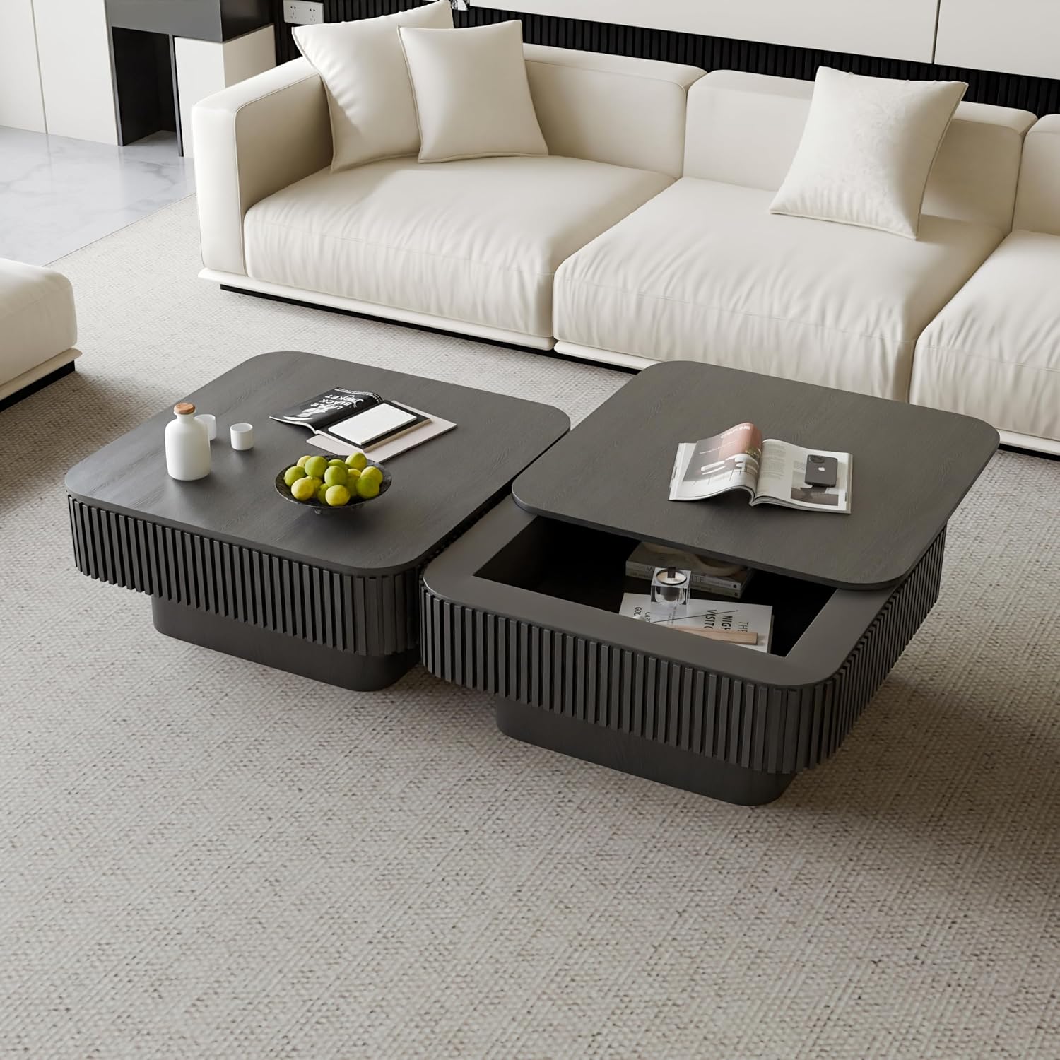 31.5' Square Coffee Table with Hidden Storage Compartment, Modern Handcraft Fluted Drum Coffee Table, Wooden Square Center Table Cocktail Tea Table with Sturdy Pedestal for Living Room, Black