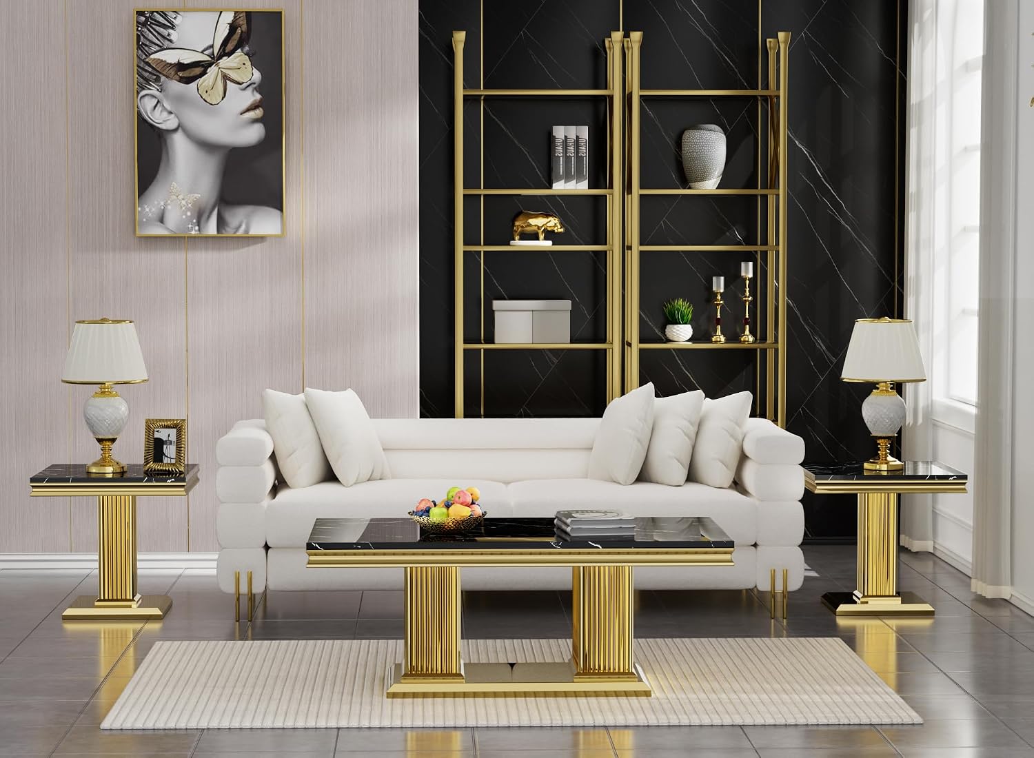 3 Pieces Living Room Table Set, Faux Marble Coffee Table Set of 3, Modern Coffee Table and 2 End Tables with Column-Shaped Stainless Steel Base for Living Room Office Black Gold