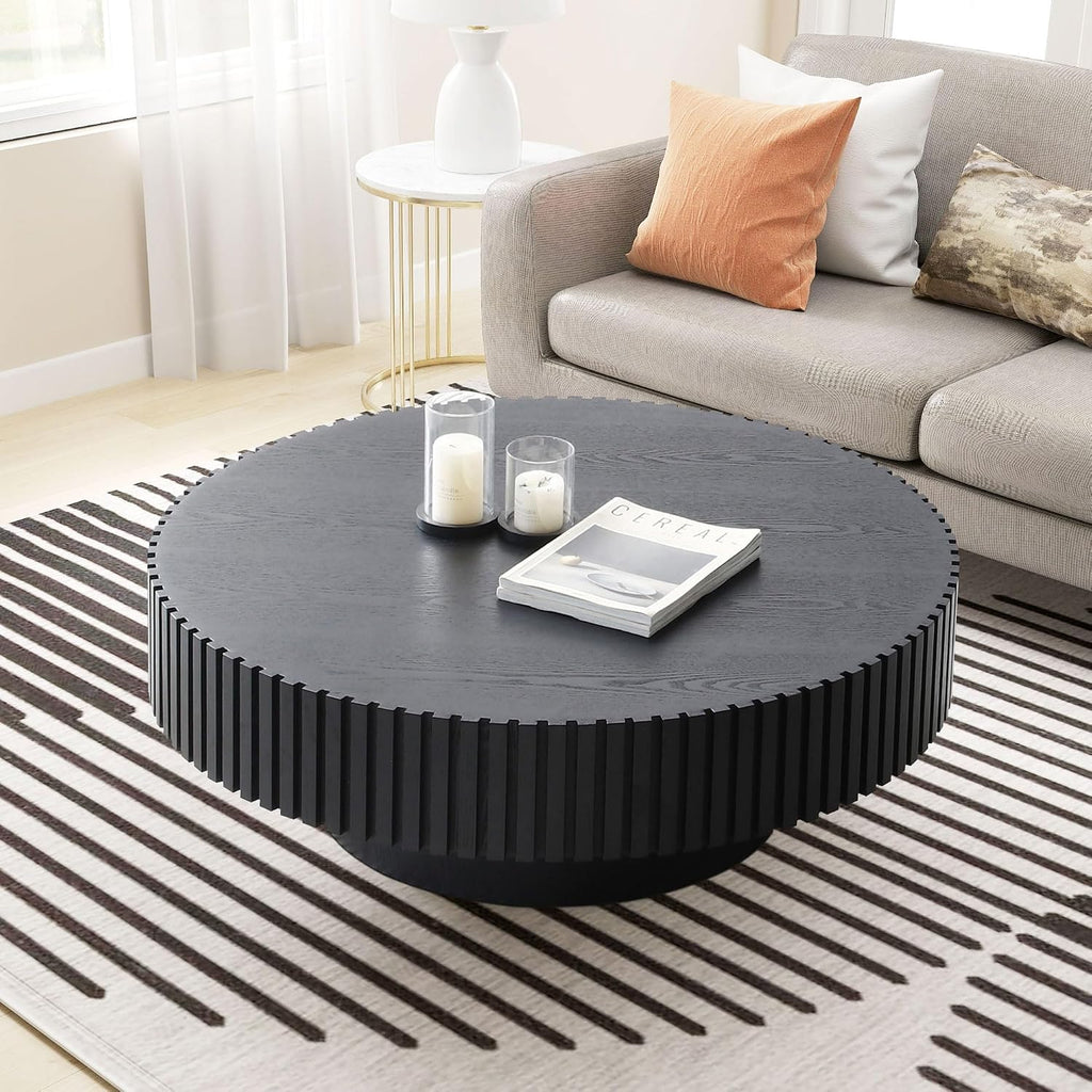 31.5' Round Coffee Table for Living Room, Modern Wooden Coffee Table Circle Center Table with Solid Wood Veneered, Easy Assembly, Black