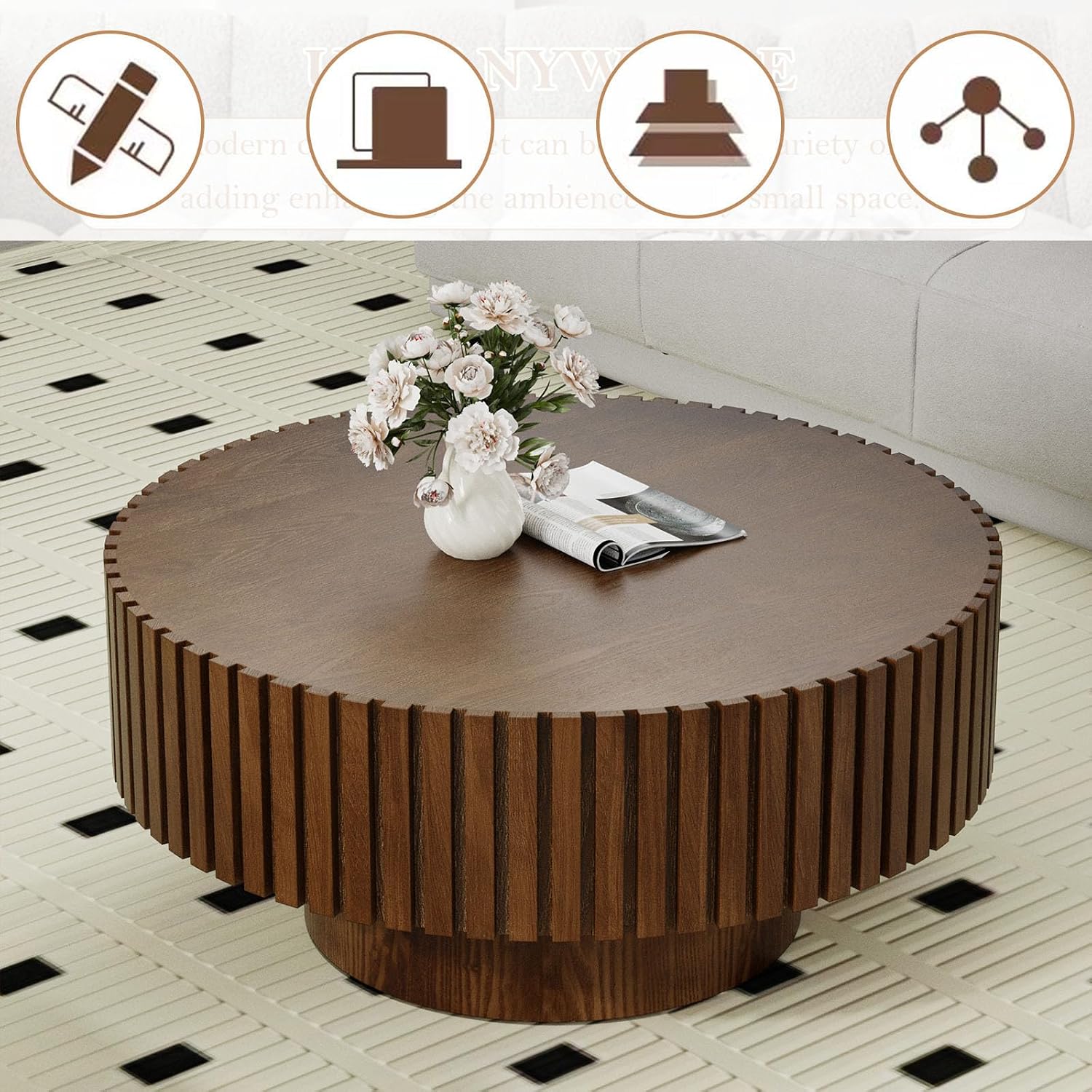 Round Coffee Table, Handcrafted Fluted Drum Coffee Tables Modern Wood Coffee Table Circle Drum Center Table for Living Room, Apartment (Round Brown)