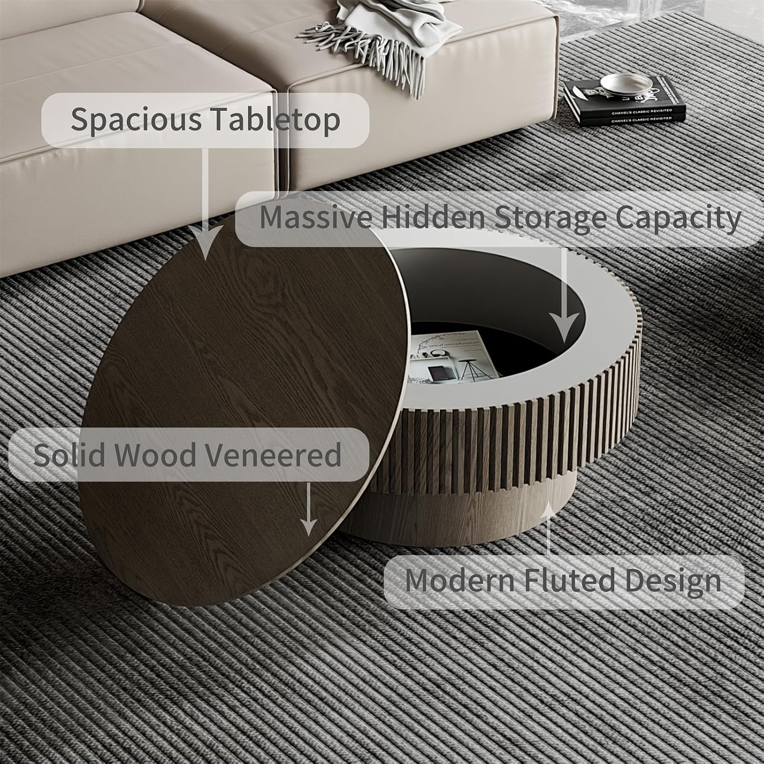 31.5'' Round Coffee Table for Living Room, Fluted Coffee Tables with Hidden Storage, Solid Wood Veneered Circle Modern Tea Table for Small Space Apartment (Grey-31.5''D×14''H)