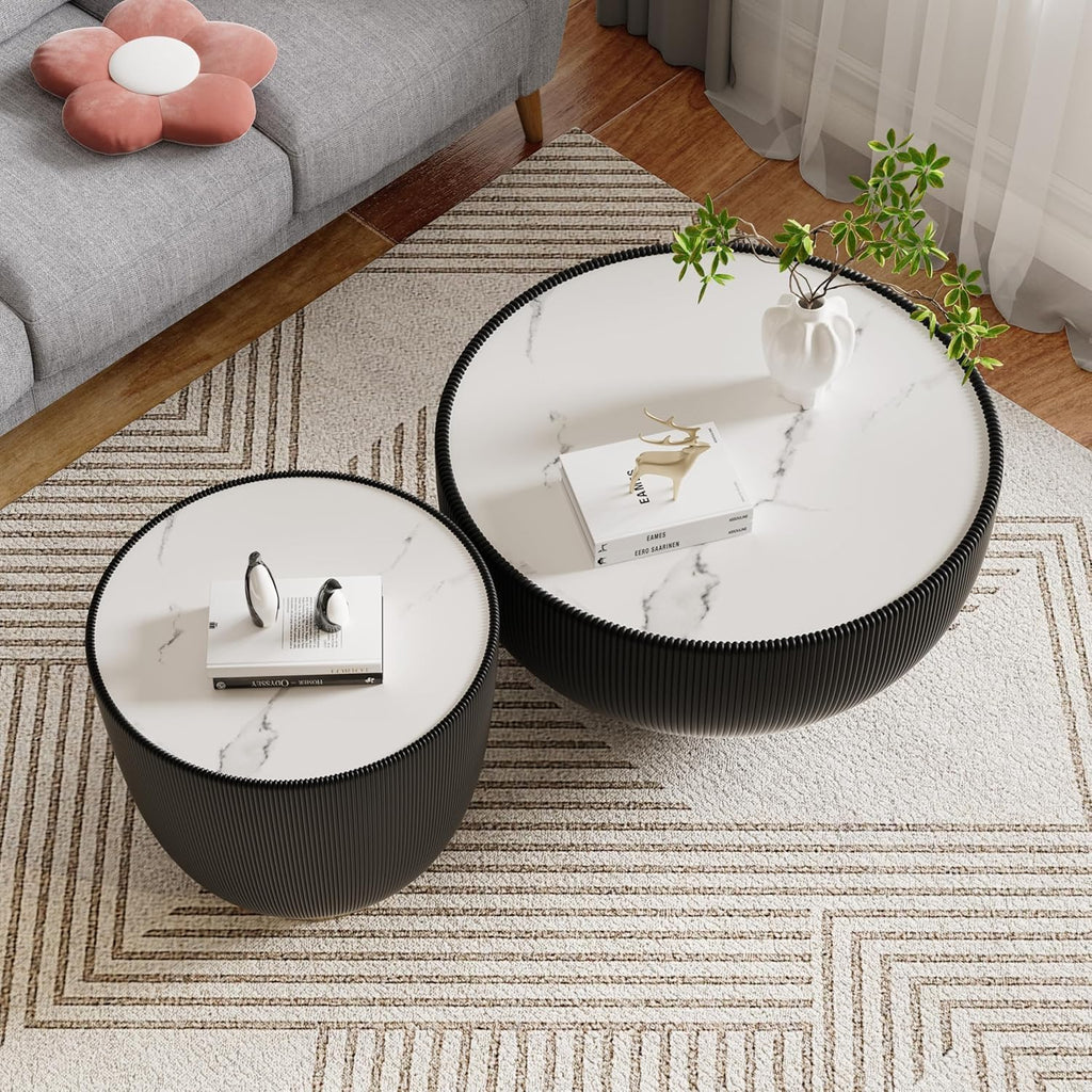 Round Coffee Table Set of 2, Sintered Stone Black Coffee Table with Black End Table, Nesting Tables for Living Room, Accent Side Table for Apartment Home Office, No Need Assembly