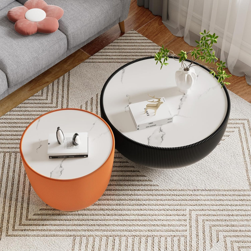 Round Coffee Table Set of 2, Sintered Stone Black Coffee Table with Orange End Table, Nesting Tables for Living Room, Accent Side Table for Apartment Home Office, No Need Assembly