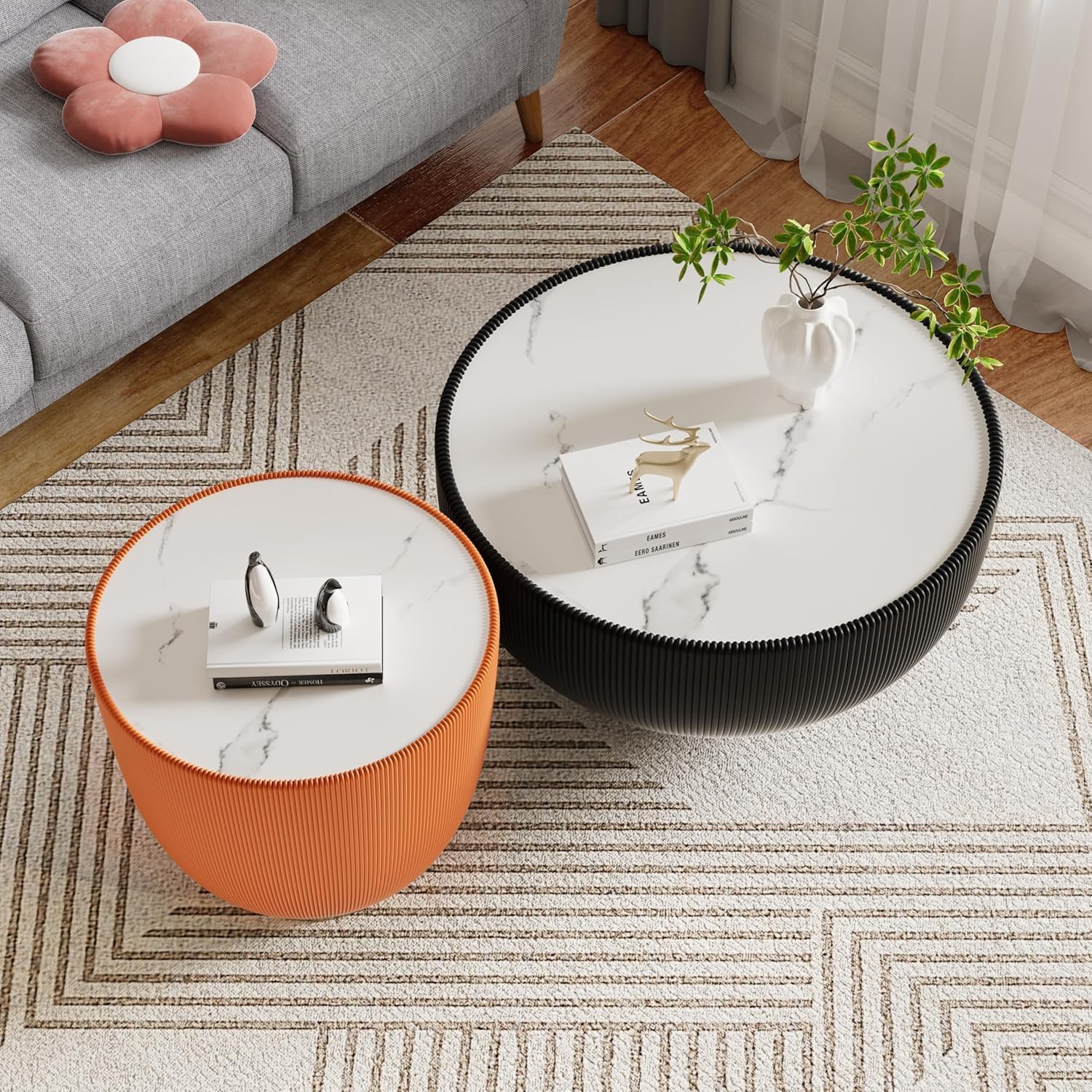 Round Coffee Table Set of 2, Sintered Stone Black Coffee Table with Orange End Table, Nesting Tables for Living Room, Accent Side Table for Apartment Home Office, No Need Assembly