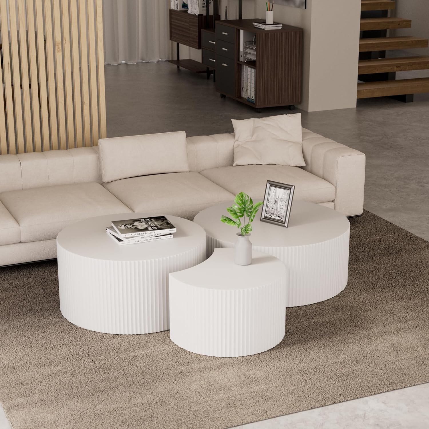 JUSTONE Set of 3 White Round Coffee Table Set Side Table End Table for Living Room, Drum Round 3 Peice Nesting Coffee Modern Coffee Table for Apartment Office,No Assembly (3PCS,White)