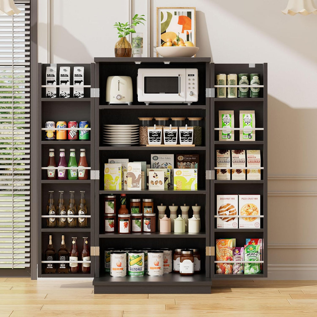 Pantry Cabinet, 47in Wooden Kitchen Storage Pantry Cabinet, Freestanding Storage Cabinets with 2 Doors, Adjustable Shelves, Black