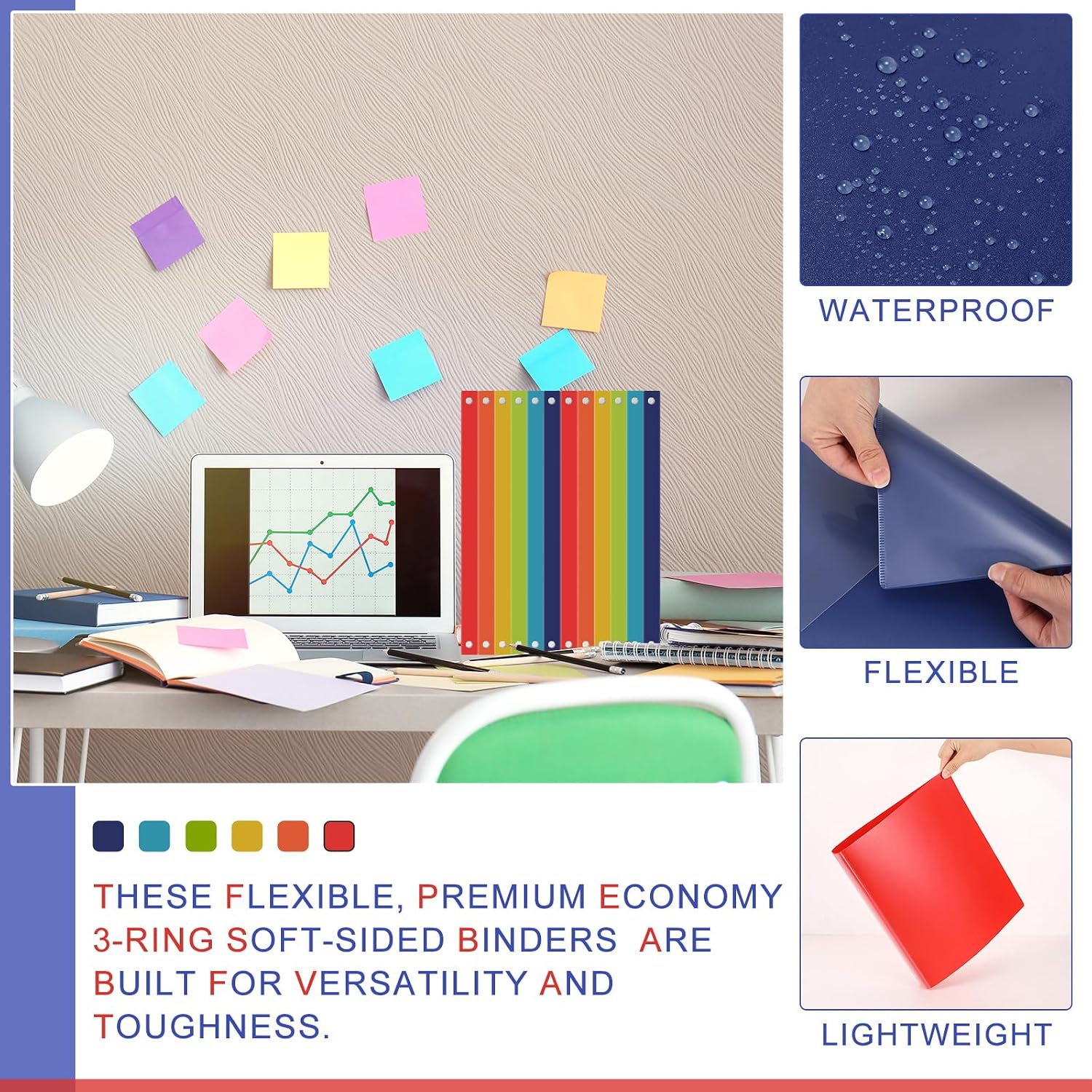 Fulmoon 48 Pack 3 Ring Plastic Binders 1/2 Inch Bulk with 2 Pockets, Flexible Binder Loose Leaf Hardcover, Fit 12' x 10' US Letter Size Paper, for School Office Home, 6 Colors(Vibrant)