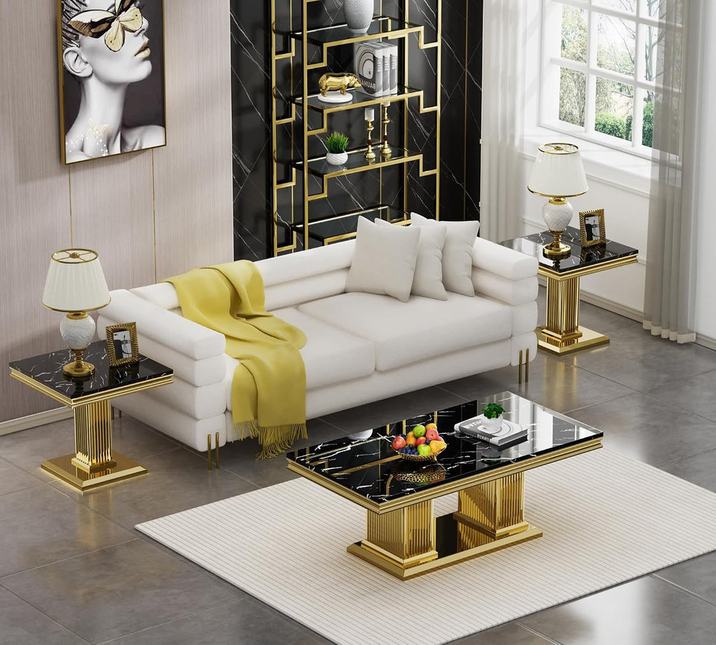 3 Pieces Coffee Table Set, Faux Marble Living Room Table Set of 3, Modern Coffee Table and 2 End Tables with Column-Shaped Stainless Steel Base for Living Room Office (Black Gold)