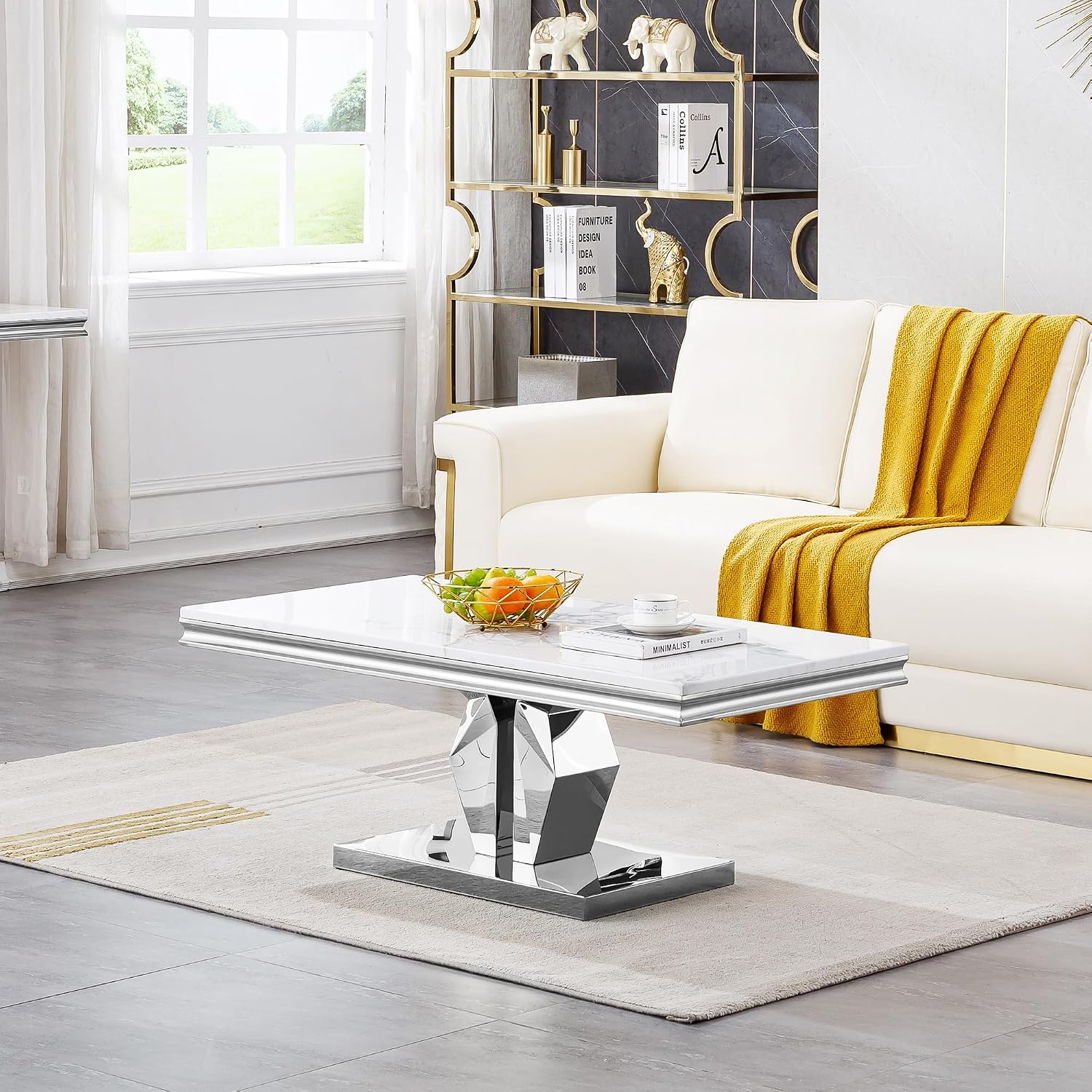 3 Pieces Coffee Table Set, Faux Marble Living Room Table Set of 3, Modern Coffee Table and 2 End Tables with Y-Shaped Stainless Steel Base for Living Room (White Silver)
